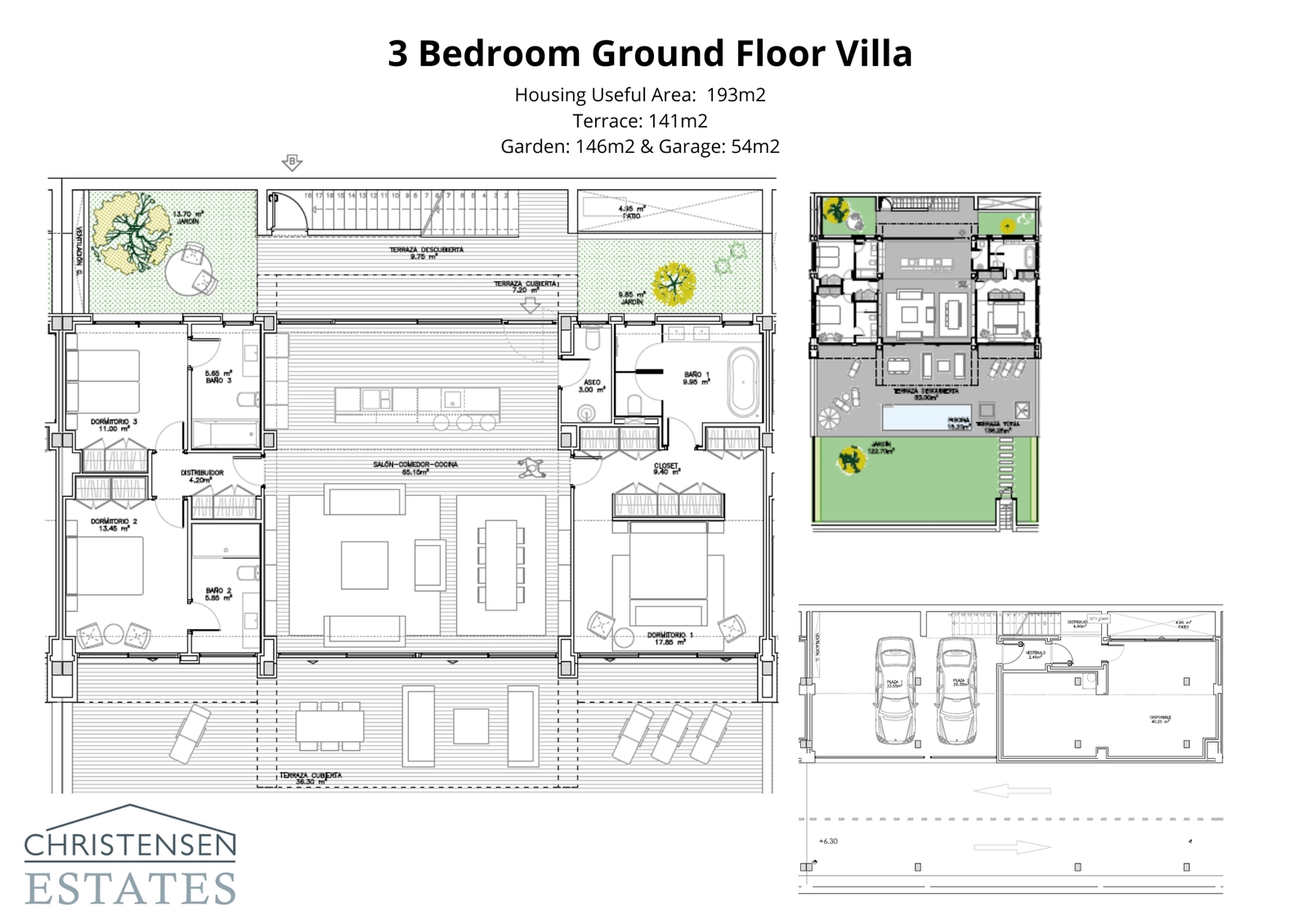 Grundplanen for en eksklusiv treværelses villa, der detaljerer de store opholdsrum, privat swimmingpool, have og underjordisk garage.