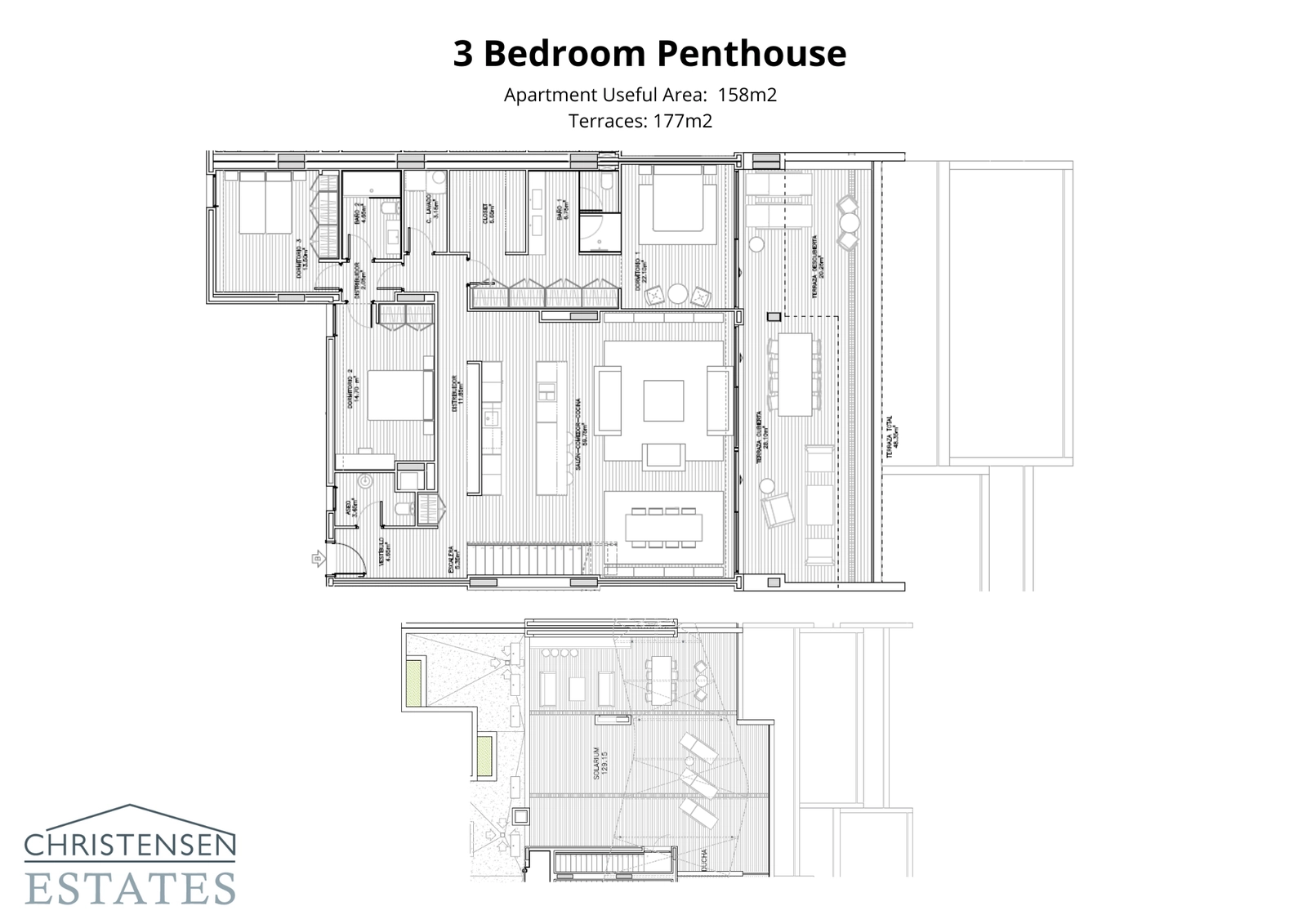 Oplev det exceptionelle design af en treværelses penthouselejlighed, komplet med et stort tagterrasse-solarium for en uovertruffen livsstil.