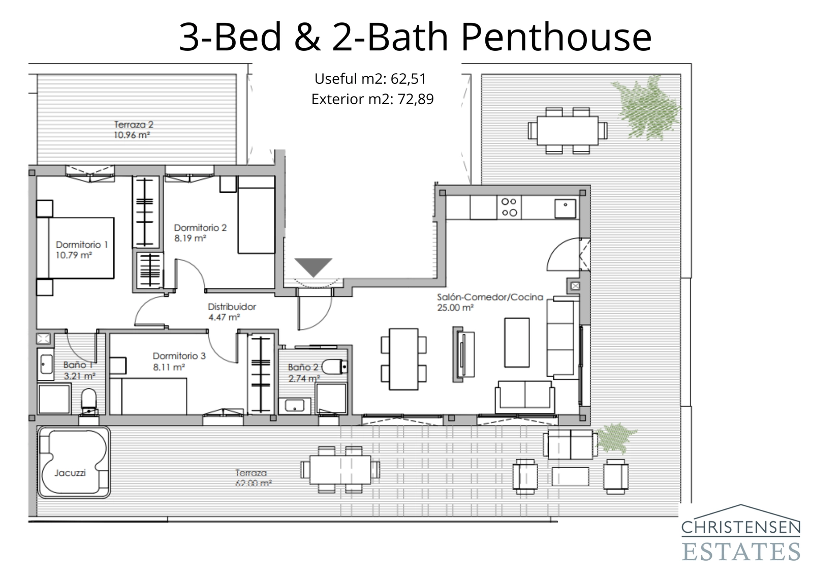 Den eksklusive treværelses penthouselejlighed har flere terrasser og generøst boligareal til en førsteklasses livsstil.