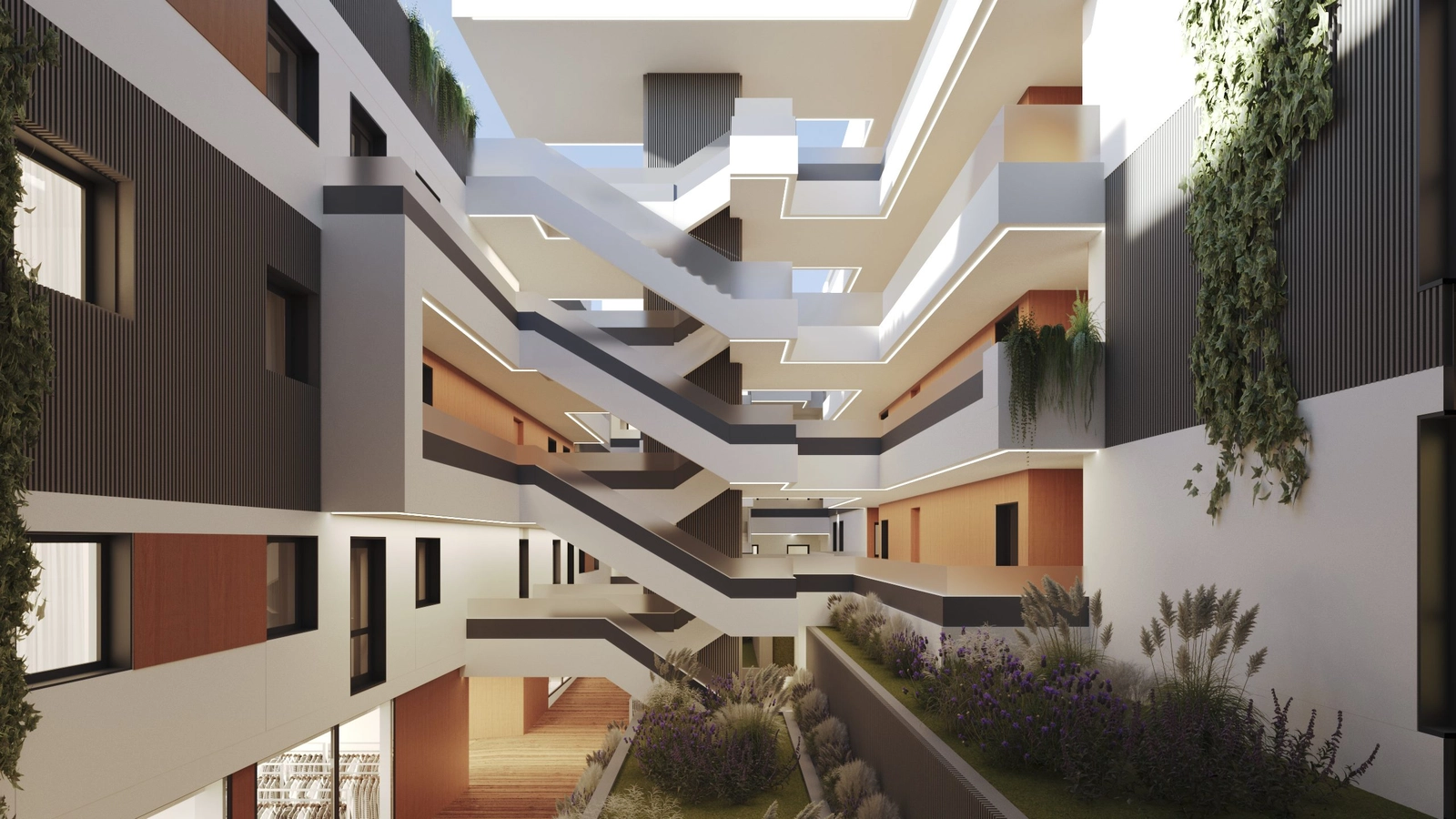 Det lyse centrale atrium kombinerer slående design med grønne områder.