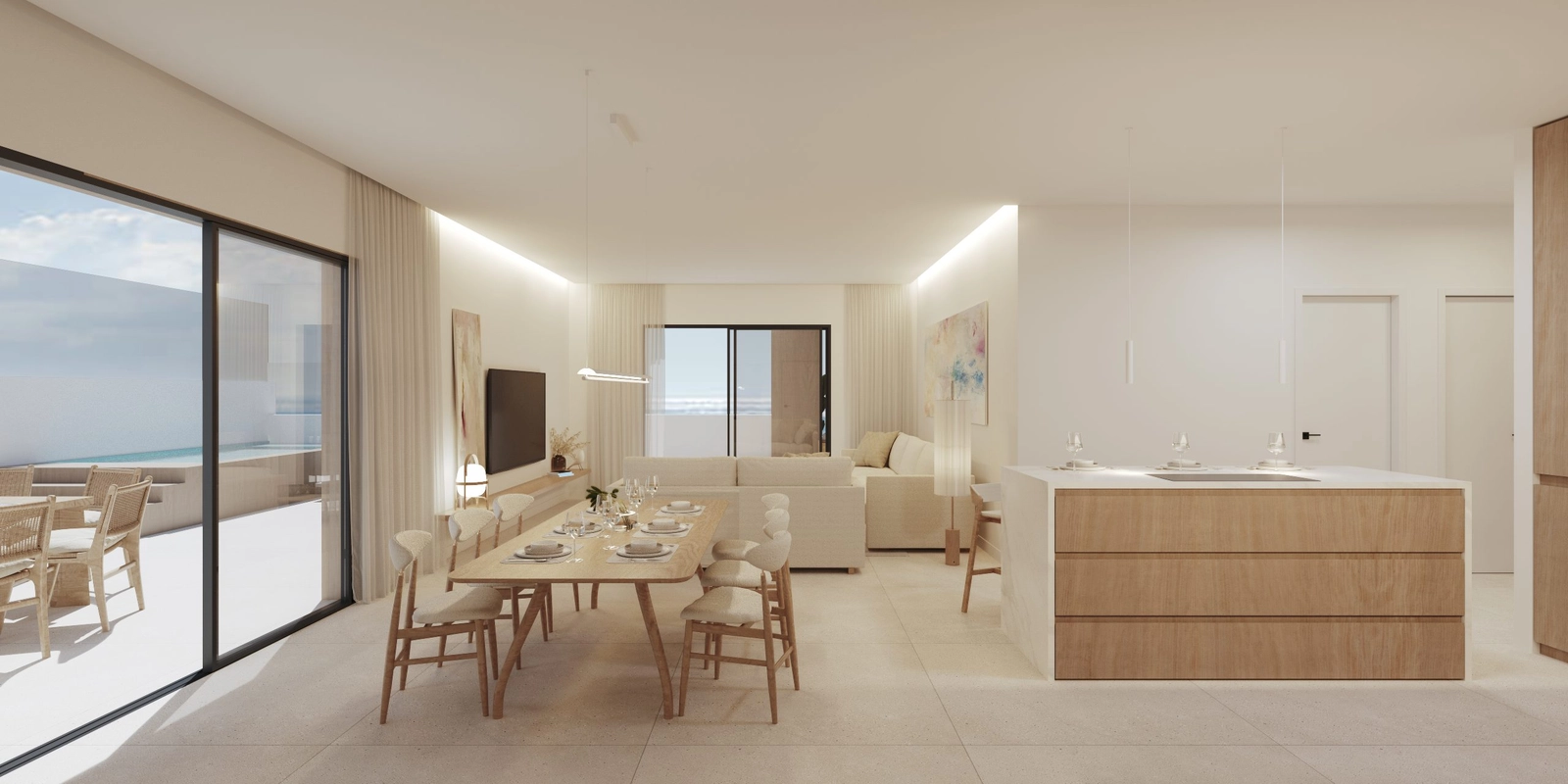 Åbne stueområder skaber en følelse af rummelighed og moderne elegance.