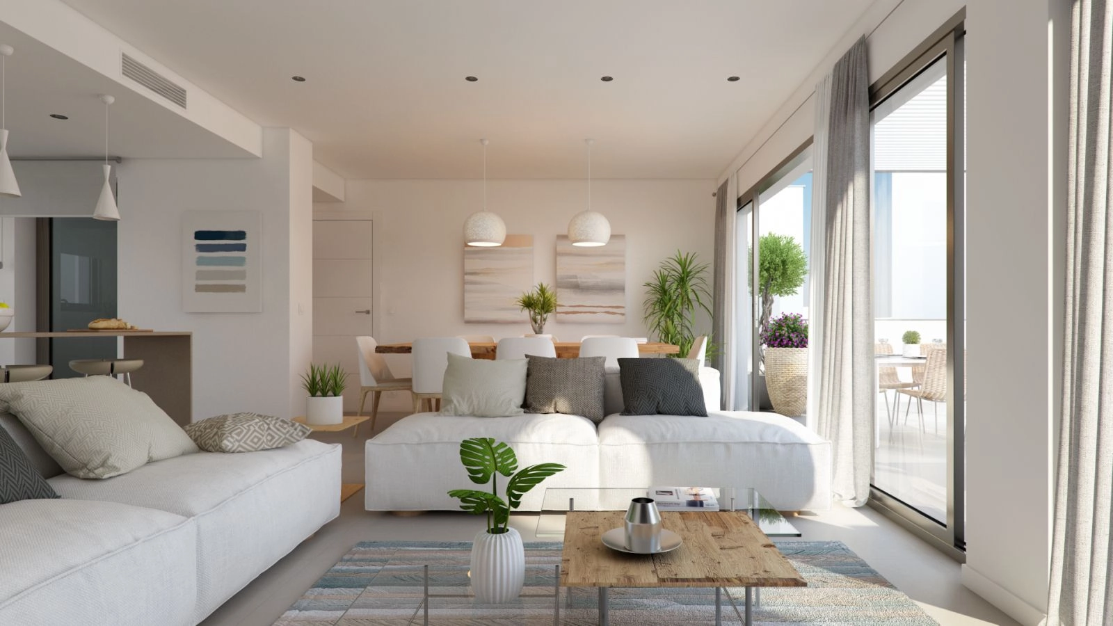 Lysfyldte opholdsrum designet til komfort, med store vinduer for at maksimere det naturlige middelhavslys.