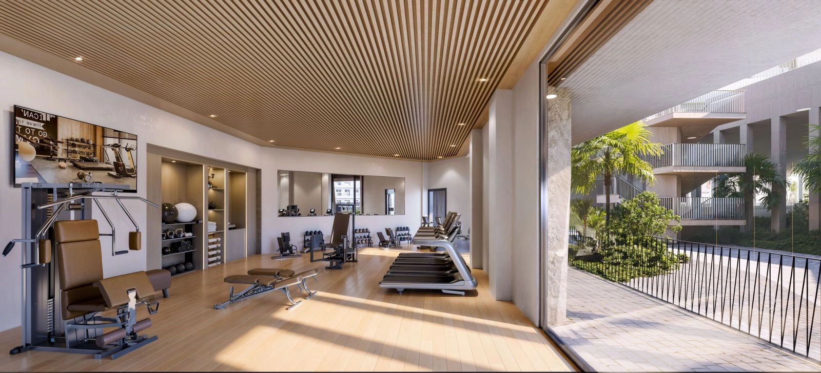 Hold dig aktiv i det fuldt udstyret indendørs fitnessrum, designet til en moderne, sund livsstil.