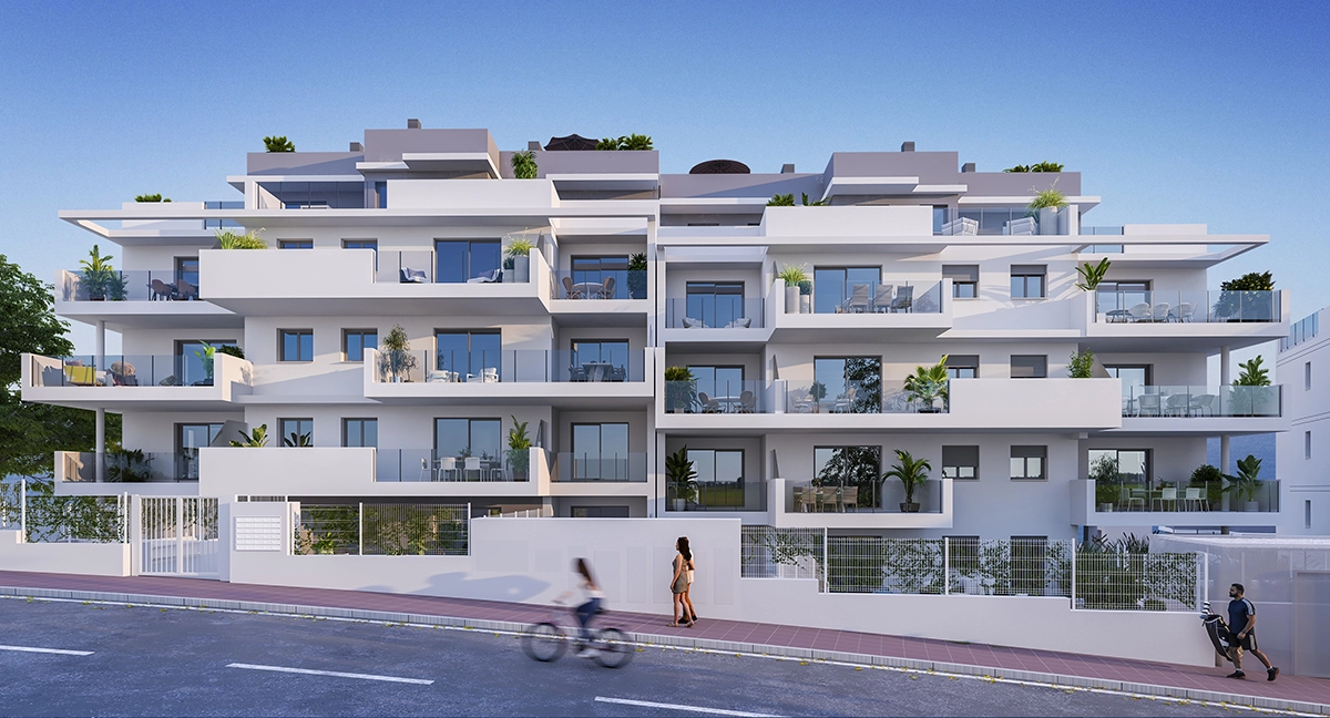 Bygningens moderne arkitektoniske design, med rene linjer og rummelige terrasser.