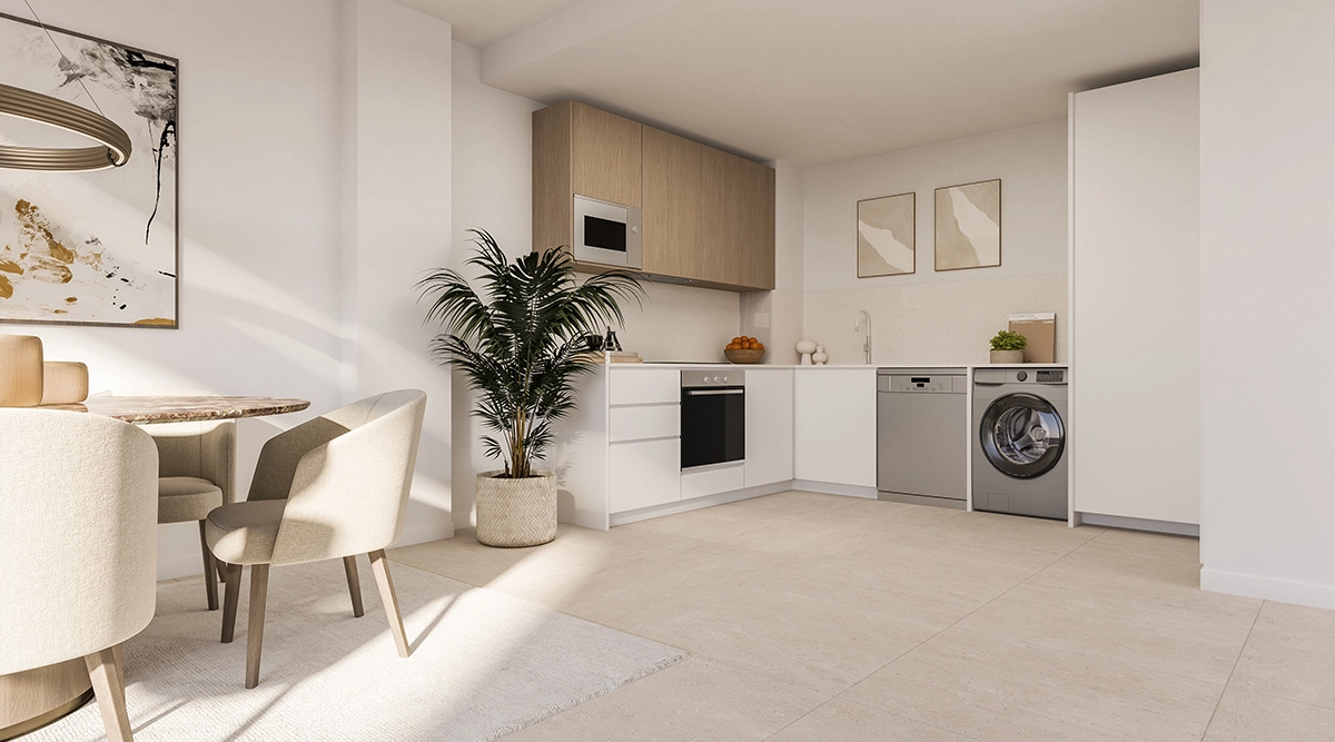 Et moderne, fuldt udstyret køkken med hårde hvidevarer af høj kvalitet og et åbent design for moderne livsstil.