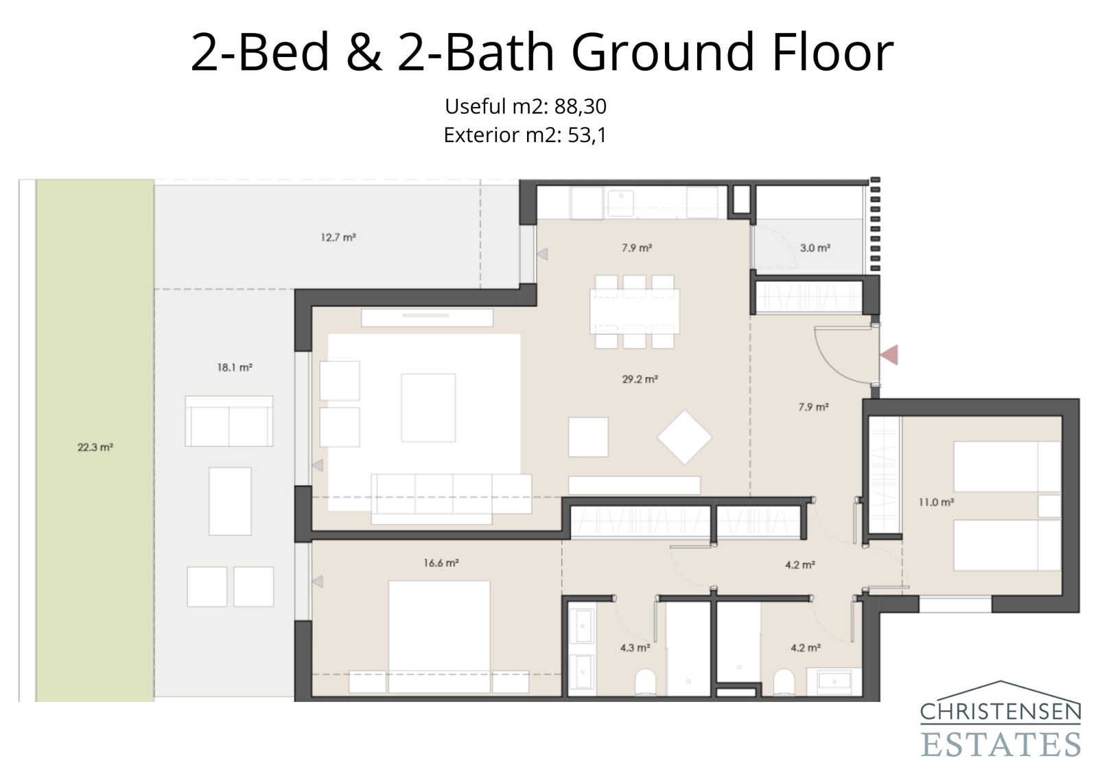 Denne toværelses stueetages lejlighed har en rummelig privat have, der skaber en problemfri indendørs-udendørs boligoplevelse.