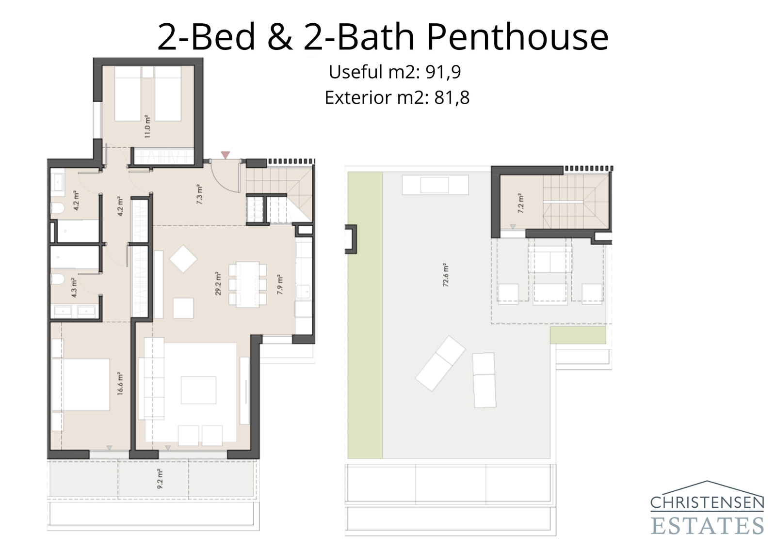 Oplev den toværelses penthouselejlighed med en generøs tagterrasse, der tilbyder privatliv og enestående udsigt, perfekt til underholdning.