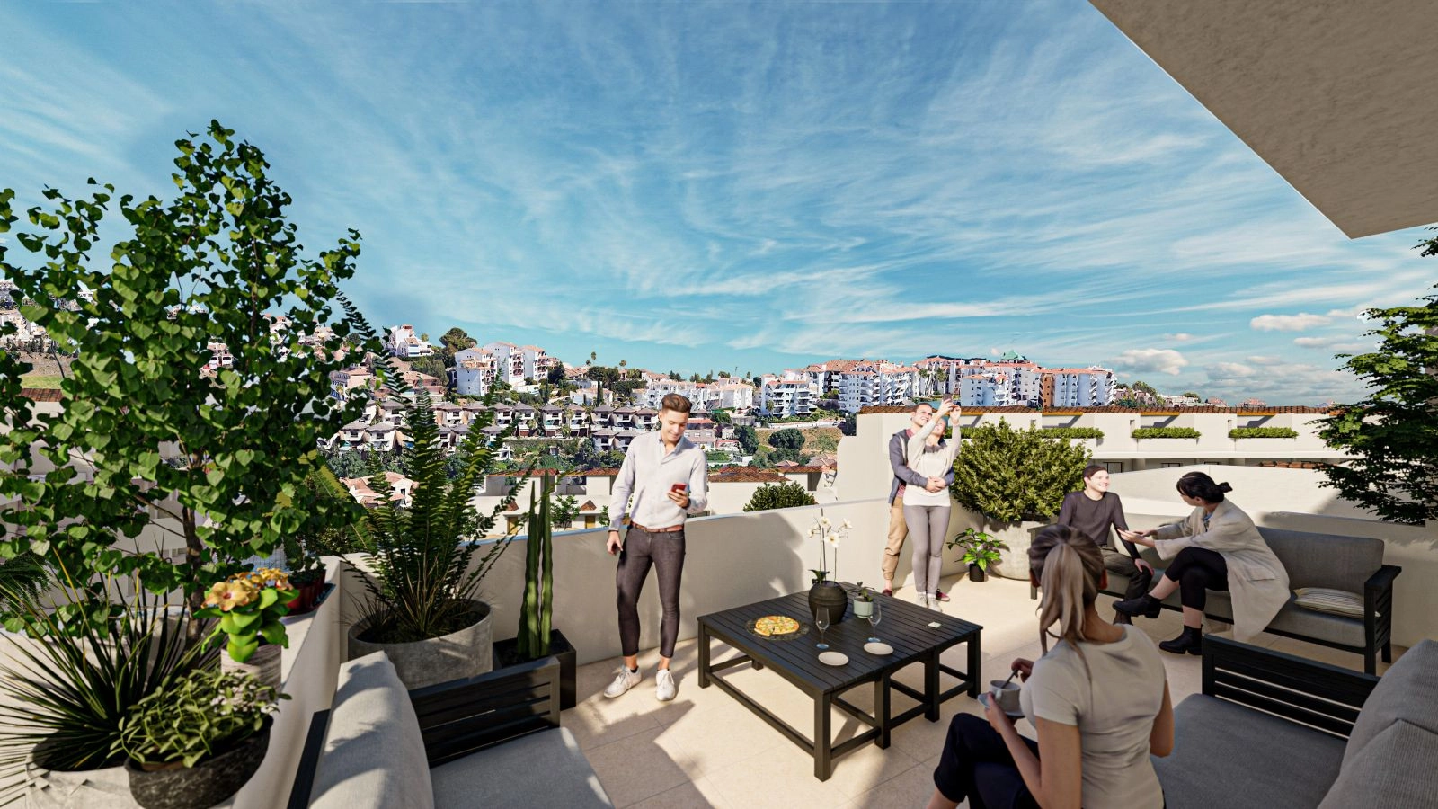 Slap af eller underhold på din rummelige private terrasse med smuk udsigt over Mijas' bakker.