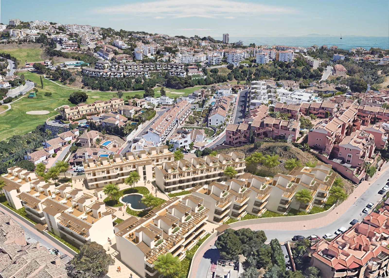 Et luftfoto, der viser boligkomplekset og dets førsteklasses beliggenhed nær havet på Costa del Sol.