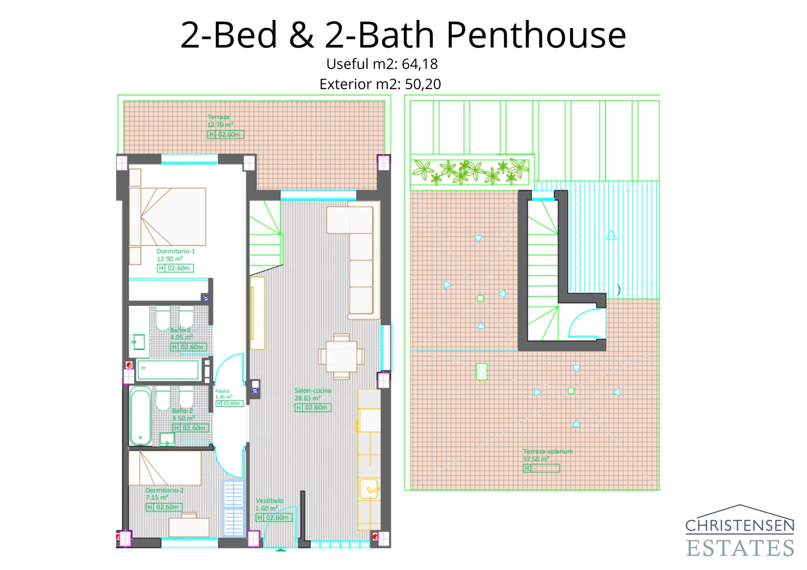 Den eksklusive toværelses penthouselejlighed inkluderer et stort tagterrasse-solarium, der giver et privat område til solbadning og underholdning.