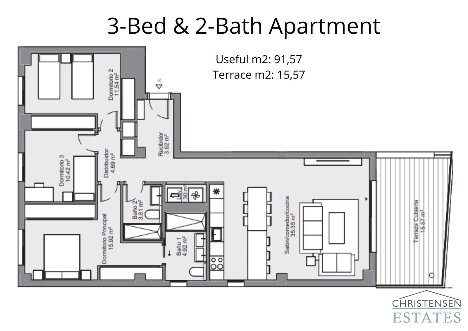 Denne treværelses indretning giver rigelig plads, herunder en stor master suite og et kombineret køkken og stue, der åbner ud til terrassen.