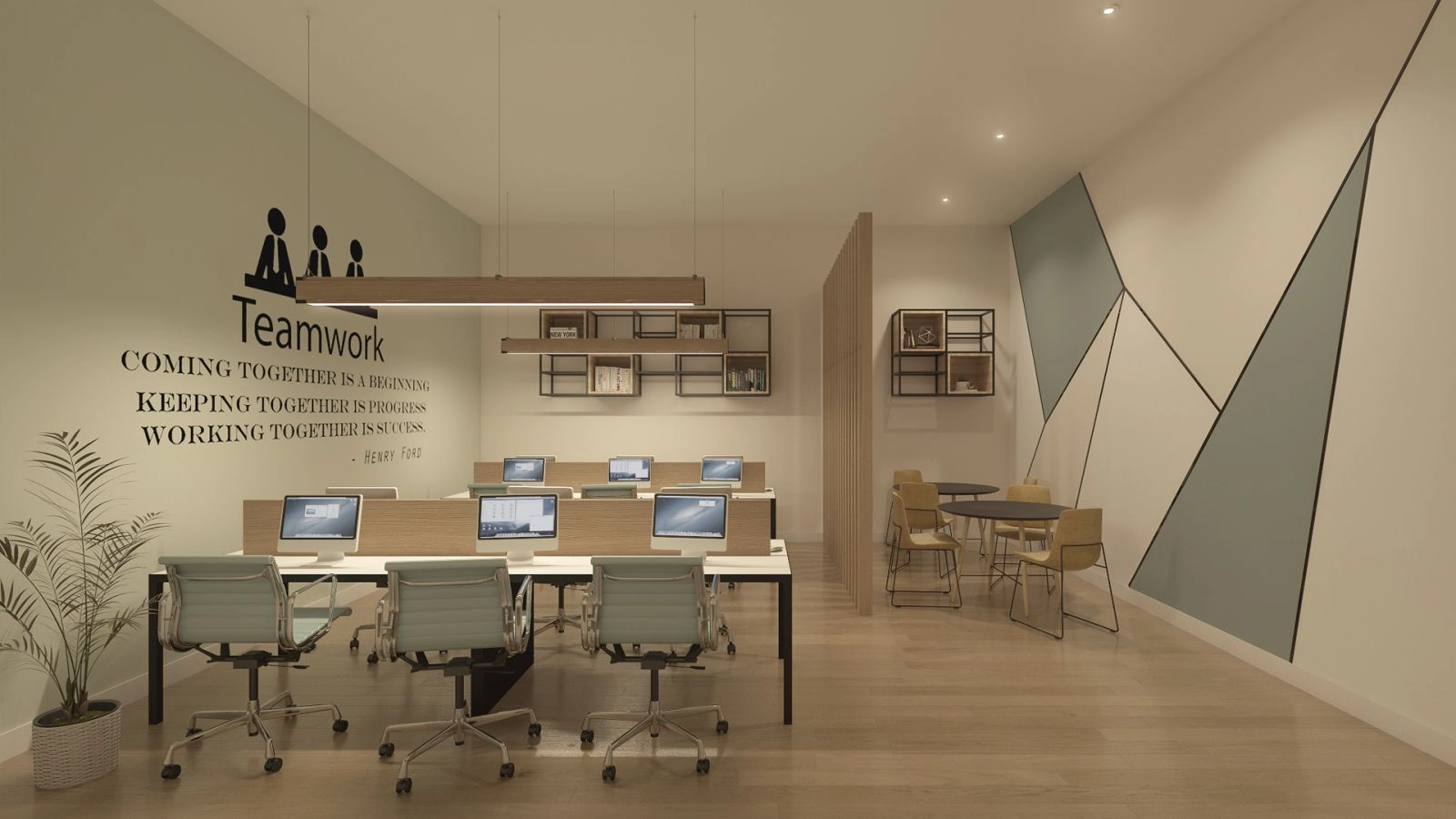 Co-working-området tilbyder et professionelt og komfortabelt miljø til arbejde eller møder.