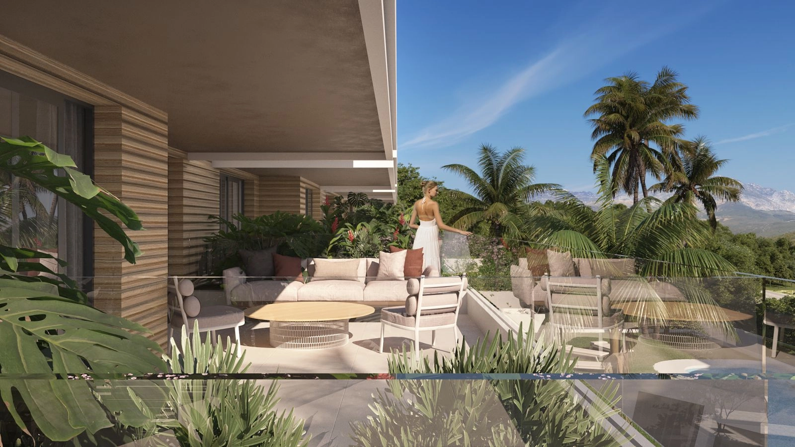 En udsigt til en stor, privat terrasse designet til udendørs liv og spisning, omgivet af frodige grønne omgivelser.