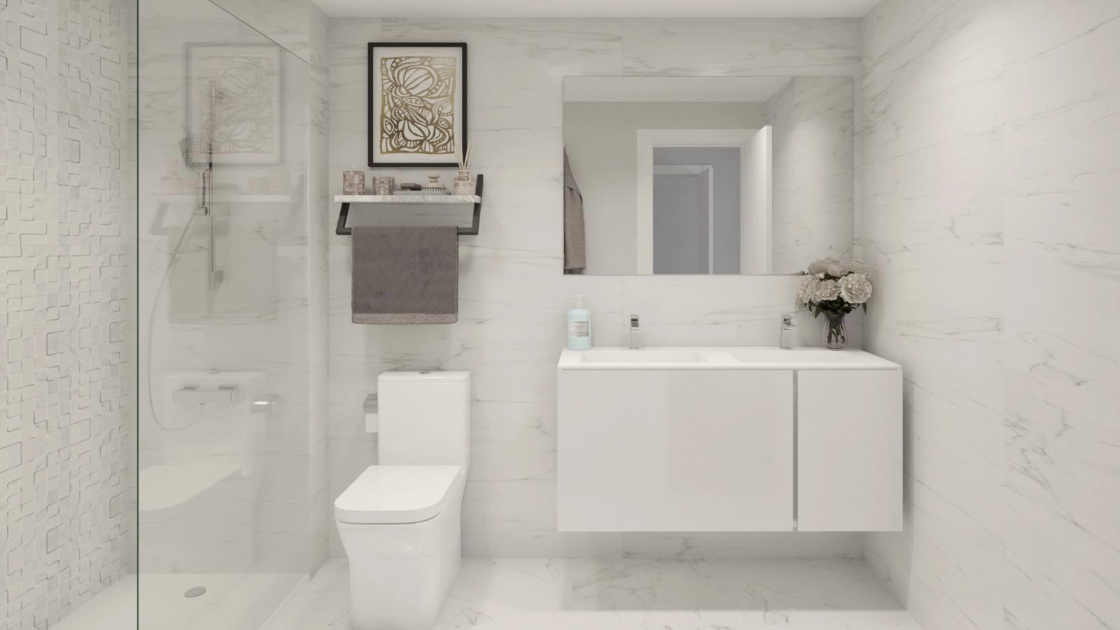 Et stilfuldt og moderne badeværelse med førsteklasses materialer og et rent, minimalistisk design.