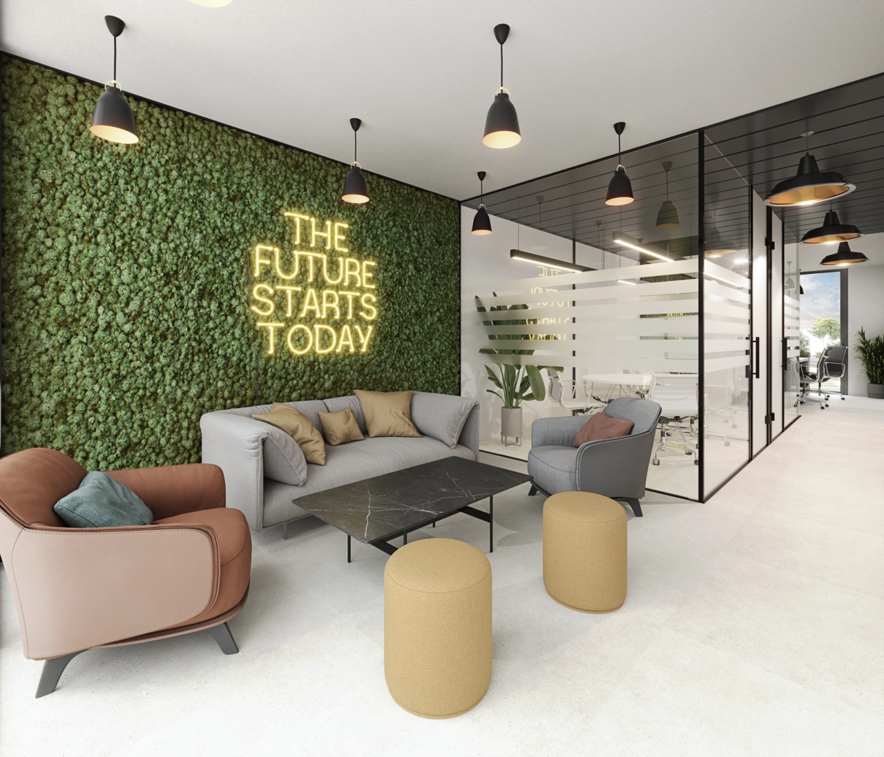 Et stilfuldt og funktionelt co-working space, hvor beboerne kan arbejde, mødes eller fokusere i et professionelt miljø.