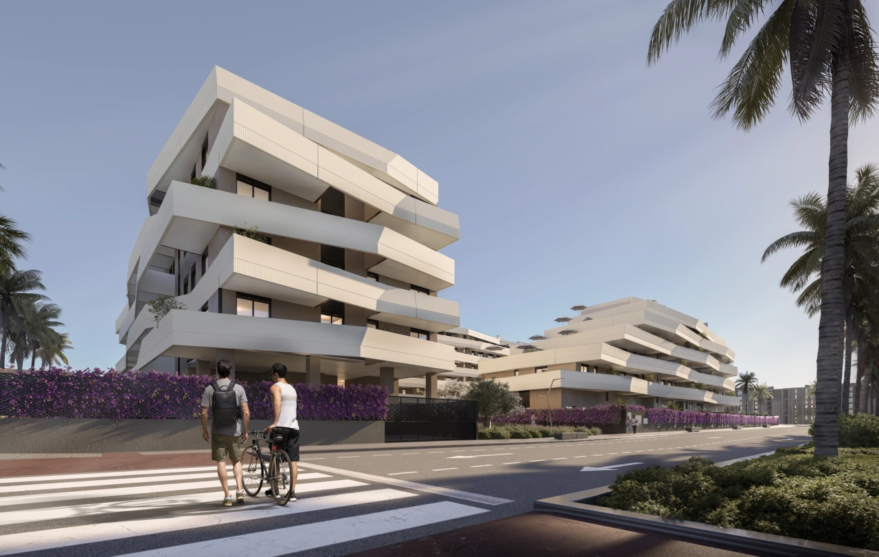 Ejendommens slående moderne arkitektur skiller sig ud på Malagas pulserende, nye Bulevar.