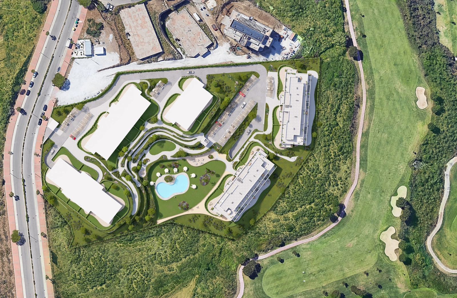 Et luftfoto af bebyggelsens layout, perfekt integreret med Calanova golfbanen p
 Costa del Sol.