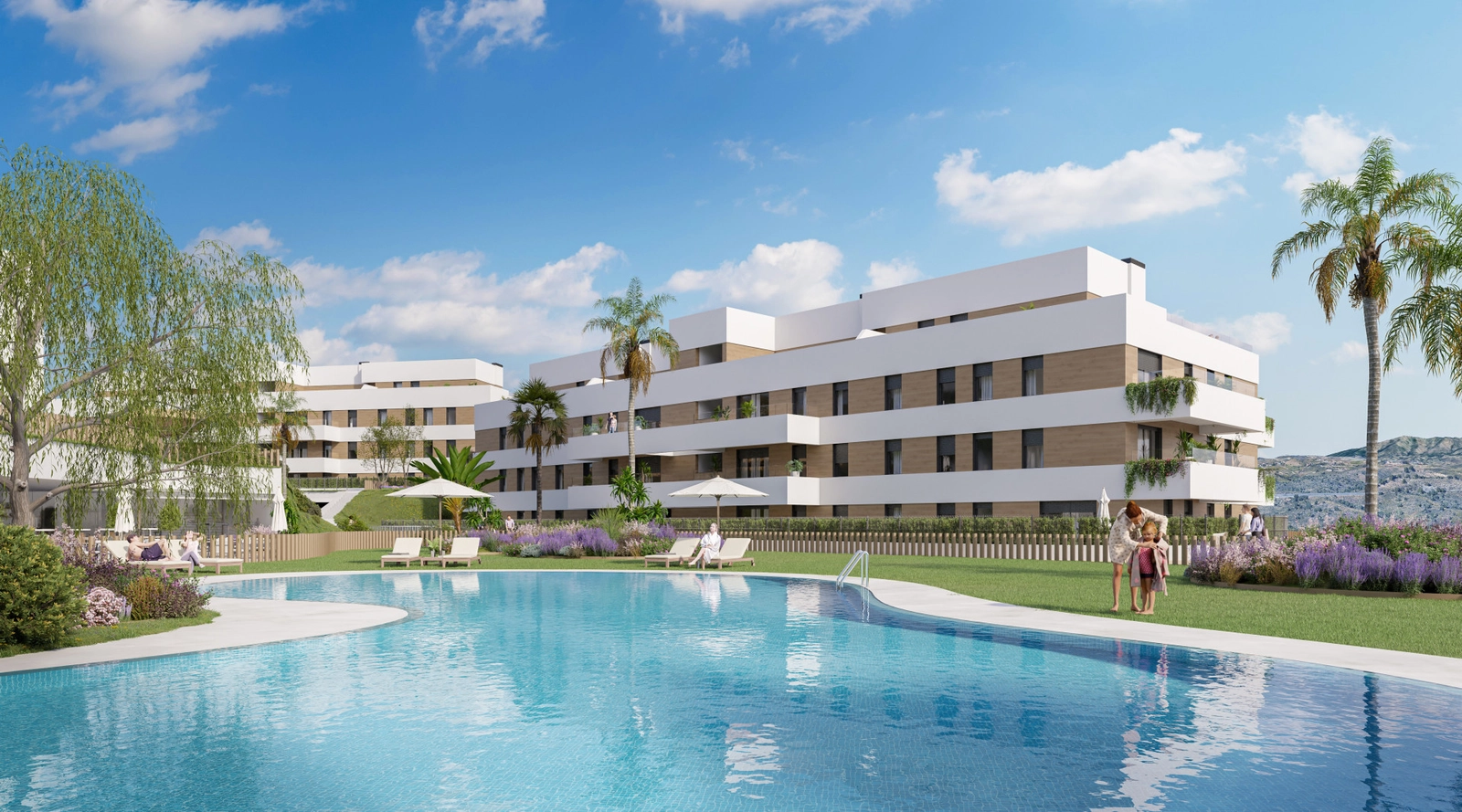 Den indbydende f
lles swimmingpool, omgivet af gr
ne pl
ner og moderne lejlighedsbygninger.