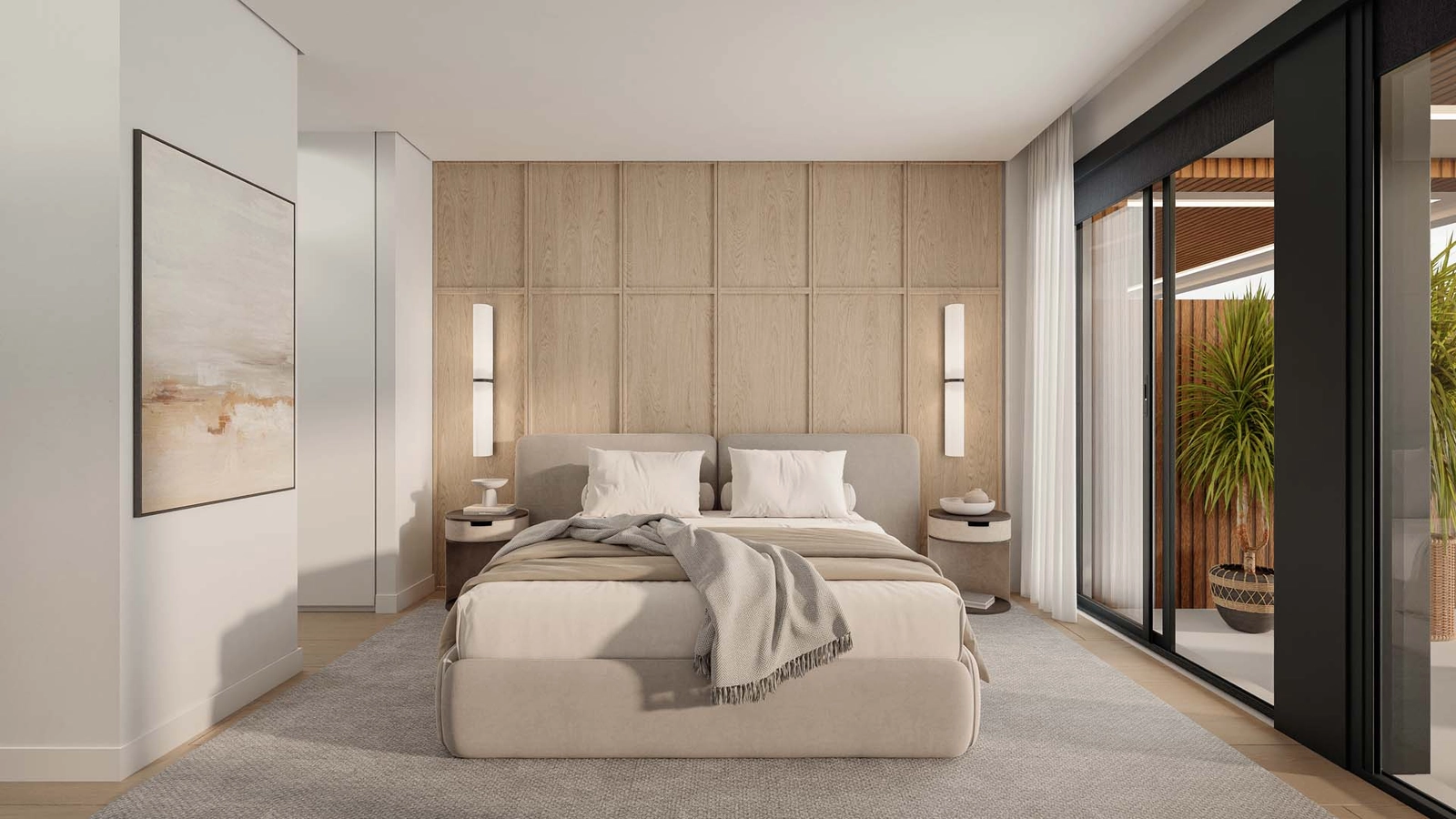 Hovedsoveværelset tilbyder et fredfyldt tilflugtssted med elegant design og direkte adgang til terrassen.