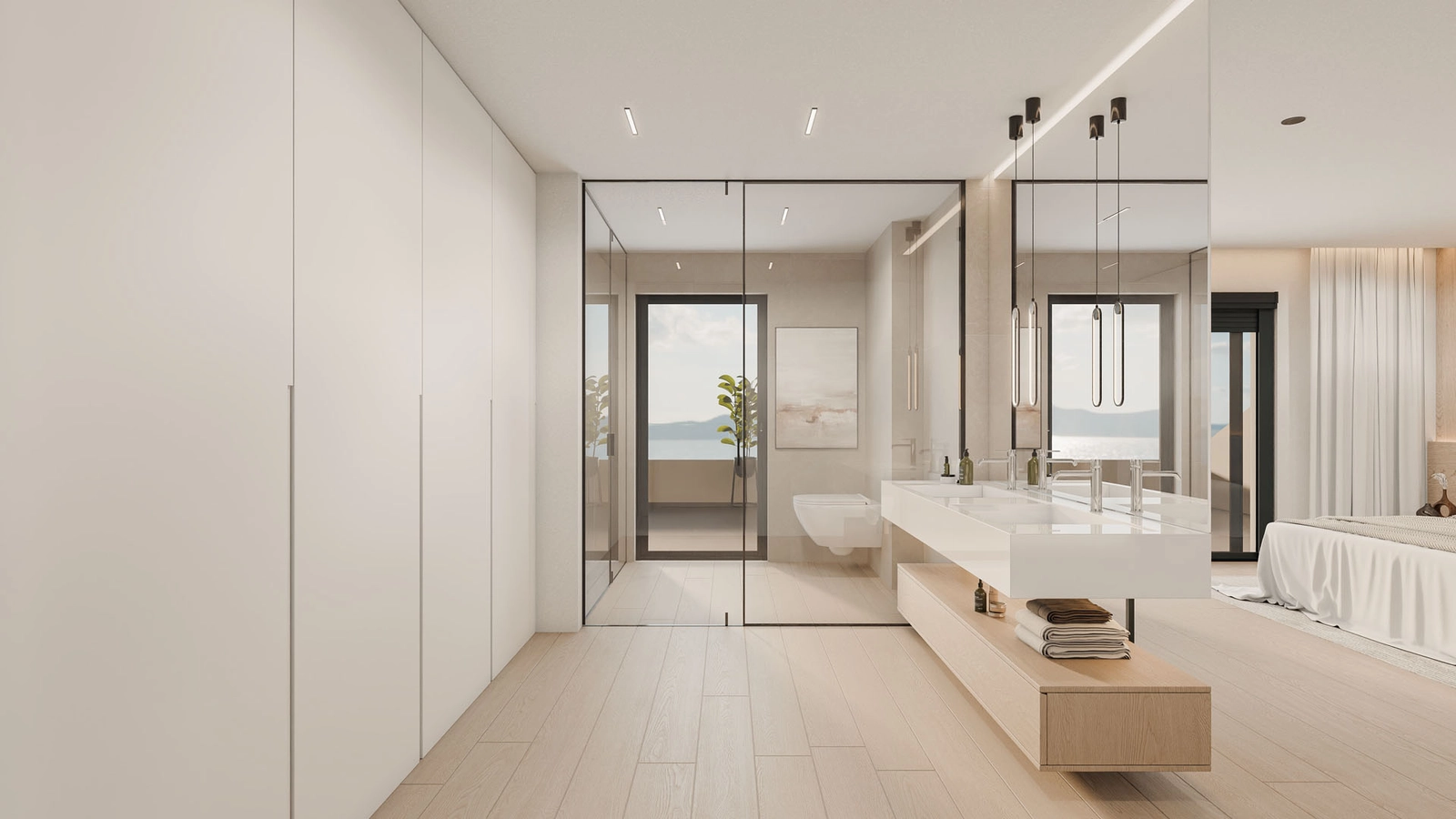 Et luksuriøst en-suite badeværelse, hvor rene linjer og naturligt lys skaber en spa-lignende atmosfære.