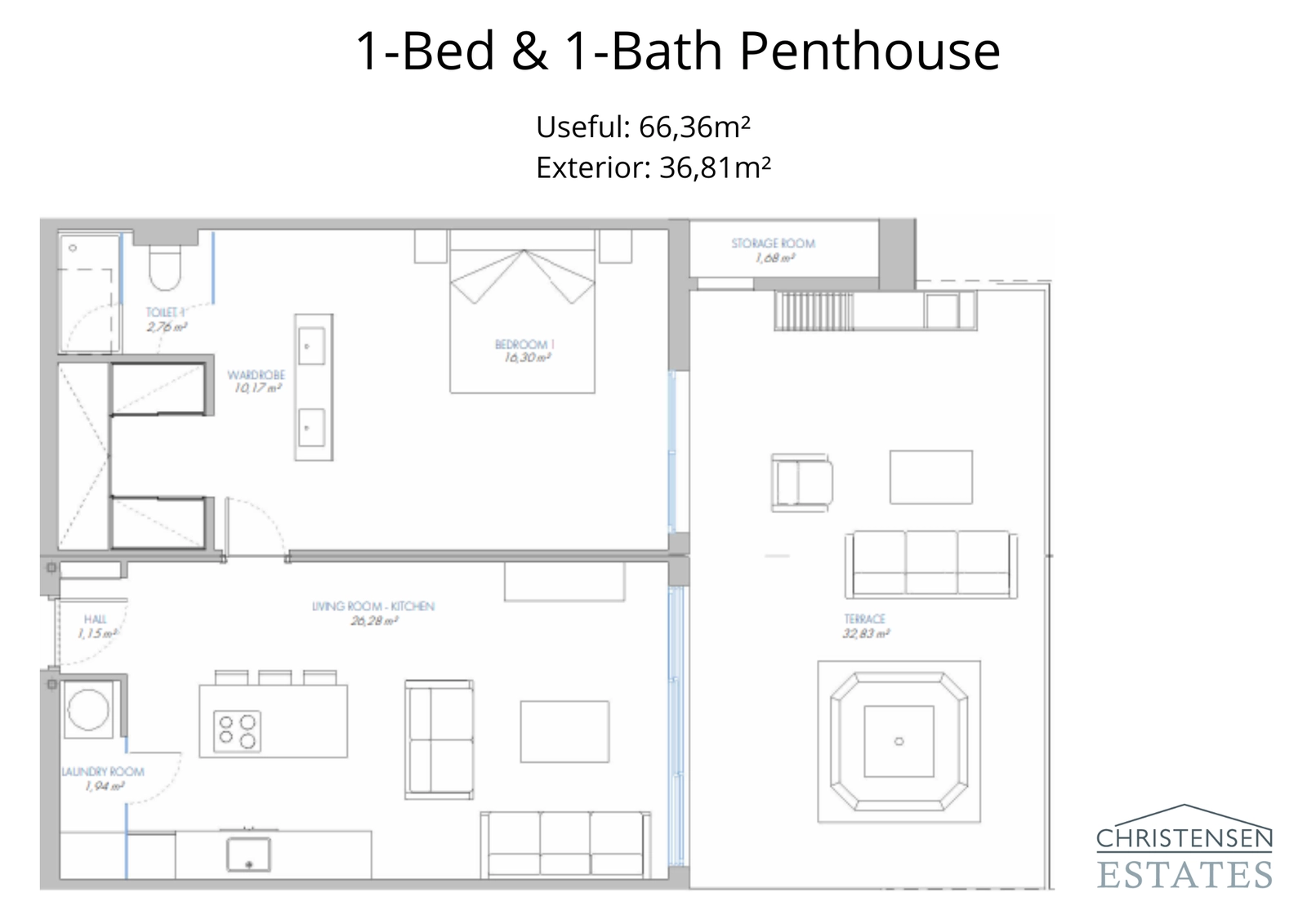 Denne penthouse-indretning med ét soveværelse tilbyder intelligent udnyttelse af pladsen, der forbinder stueområdet med en stor terrasse med privat jacuzzi.