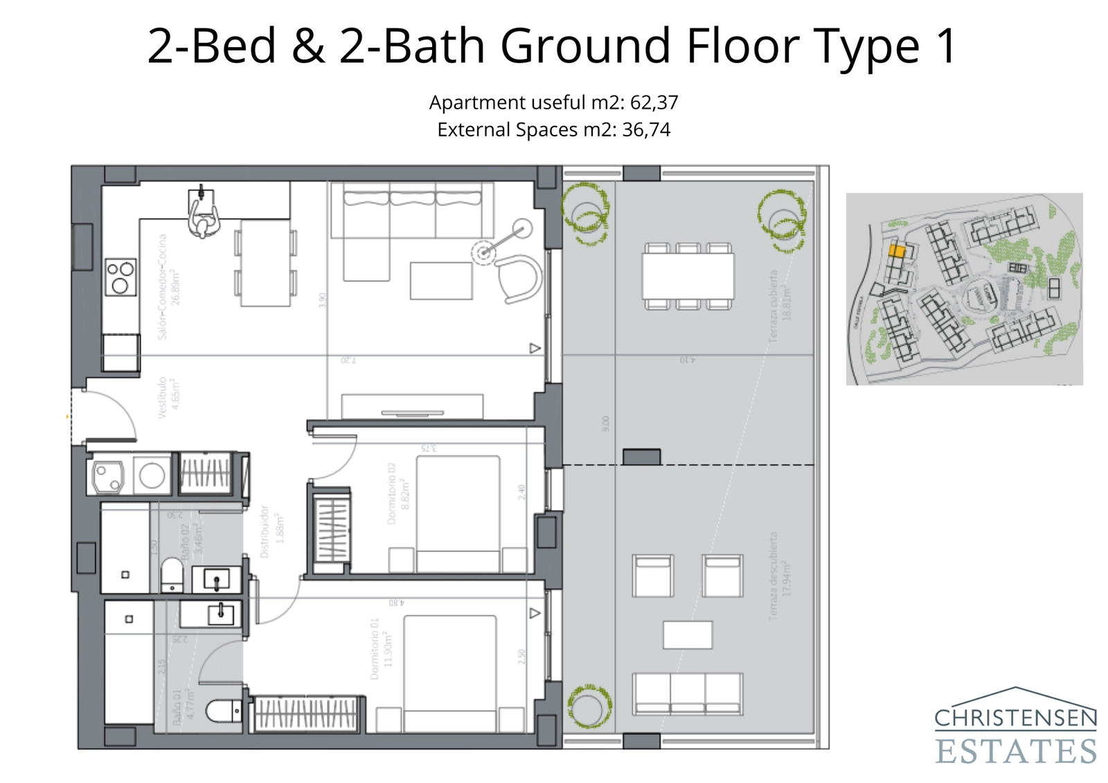 En veldesignet bolig i stueetagen med to soveværelser, der byder på en generøs terrasse, som udvider boligarealet udendørs.
