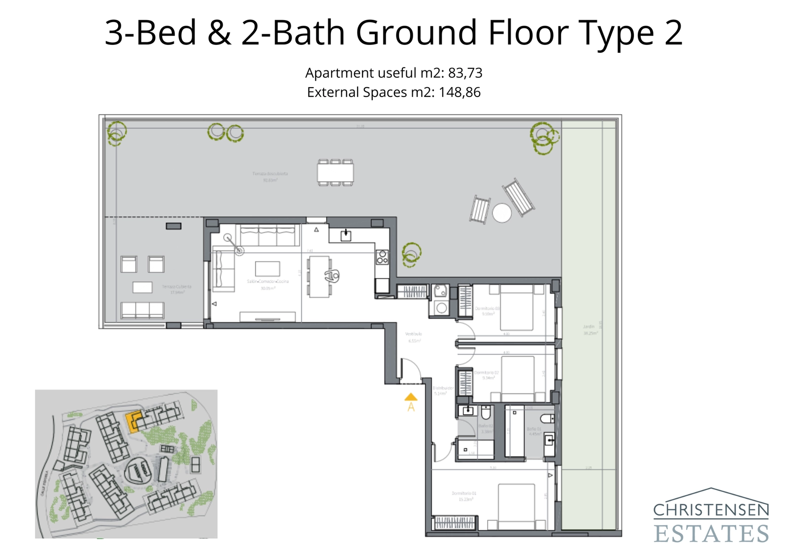 En omfattende lejlighed i stueetagen med tre soveværelser og en imponerende wraparound-terrasse og haveområde.