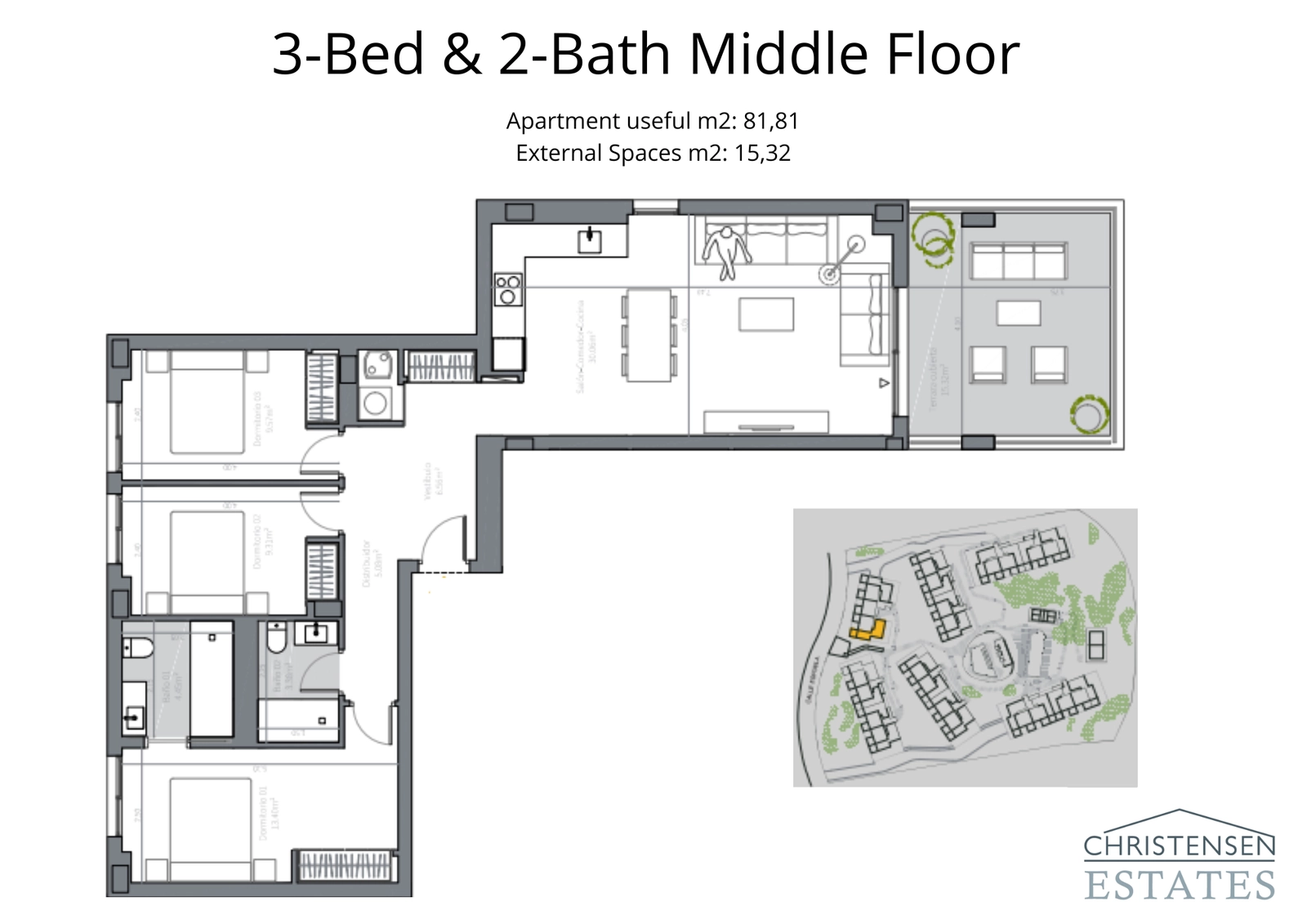 En bolig med tre soveværelser på mellemetagen med en praktisk plantegning, der adskiller soveområderne fra de primære opholdsrum for privatlivets fred.
