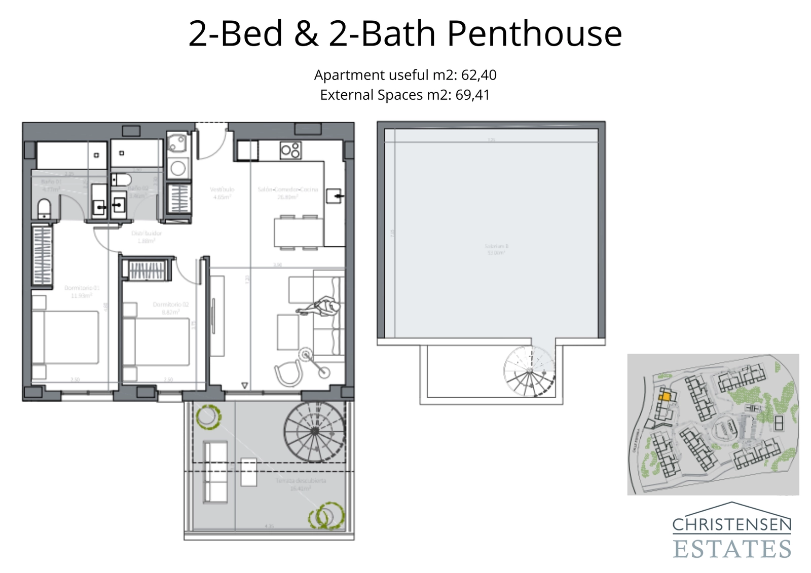 Eksklusivt penthouse-design med to soveværelser, en stor terrasse og en privat vindeltrappe, der fører til en storslået tagterrasse.
