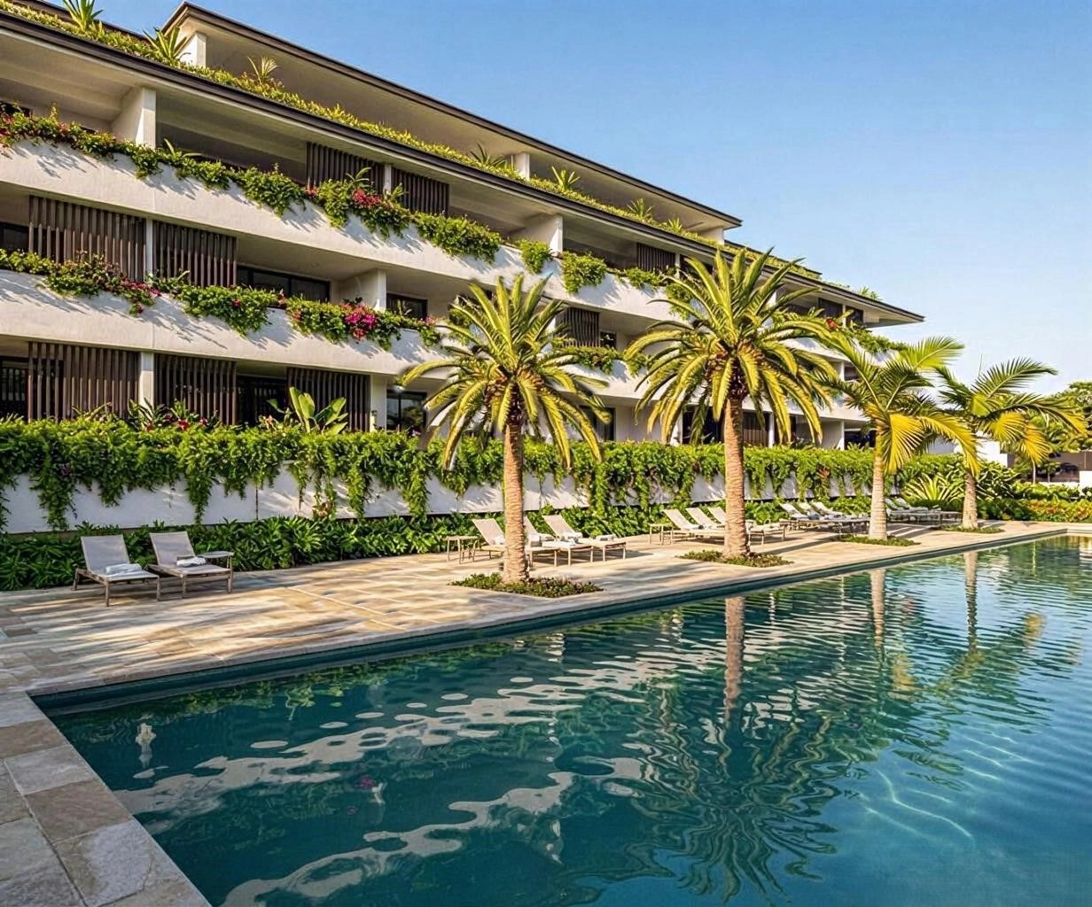 Nyd solskinnet fra Costa del Sol ved det elegante loungeområde ved poolen.