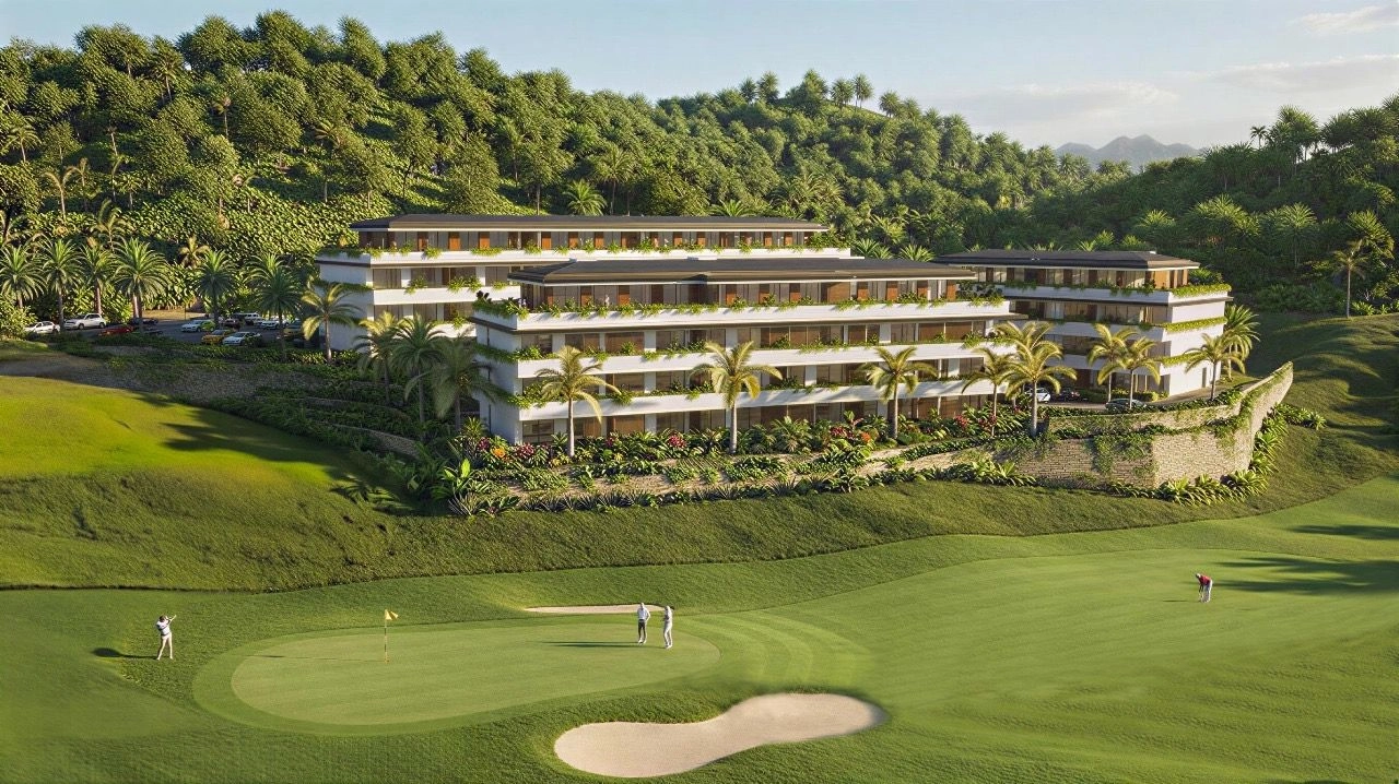 Ejendommen er perfekt integreret i golfbanens bølgende bakker.