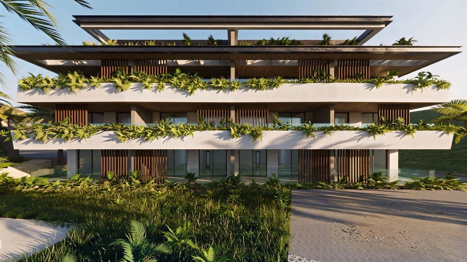 Bygningens arkitektur blander naturlige materialer med moderne design.