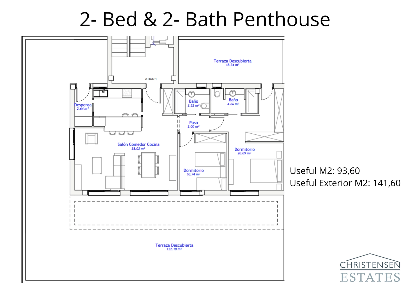 Penthouse-indretningen byder på en ekspansiv terrasse, perfekt til at nyde udsigten og udendørslivet.