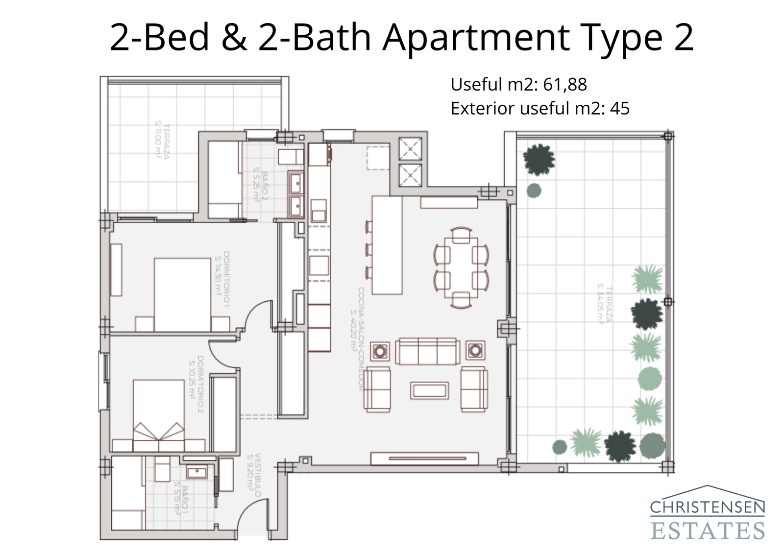 En alternativ to-værelses indretning med to terrasser til at nyde både morgen- og eftermiddagssol.