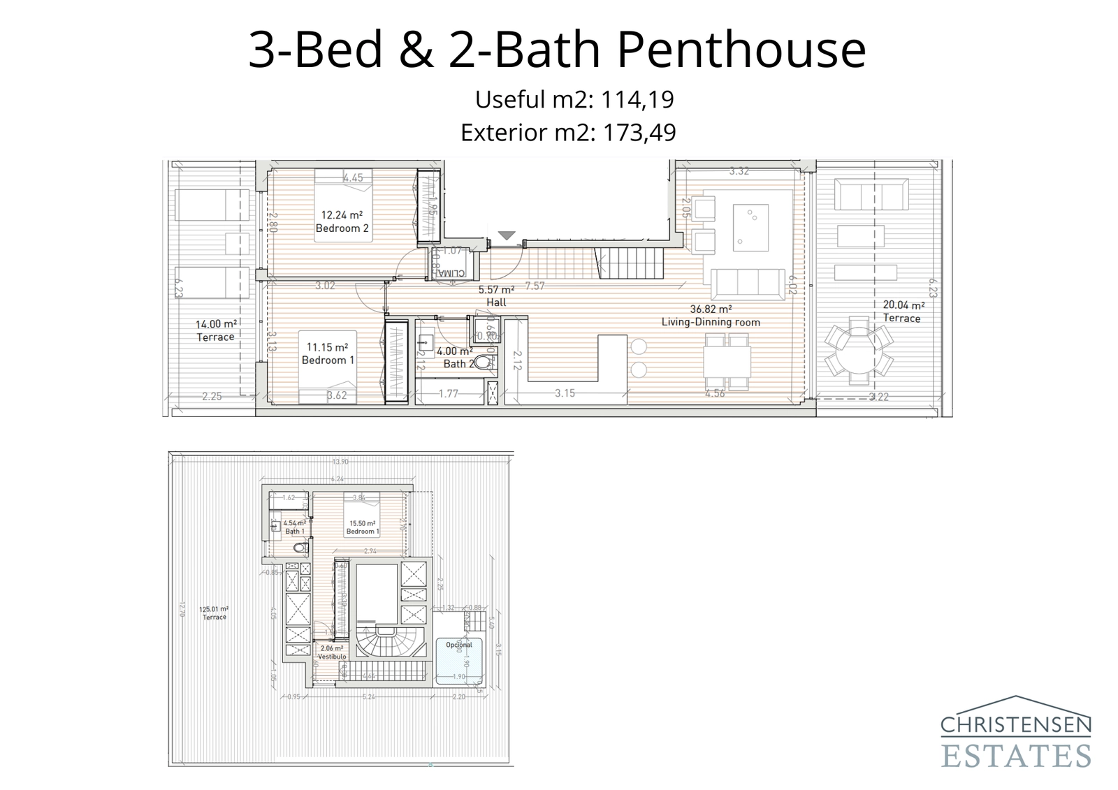 Denne duplex penthouse-indretning viser tre soveværelser og store terrasser på begge niveauer, herunder et storslået solarium for den ultimative tagterrasse-oplevelse.