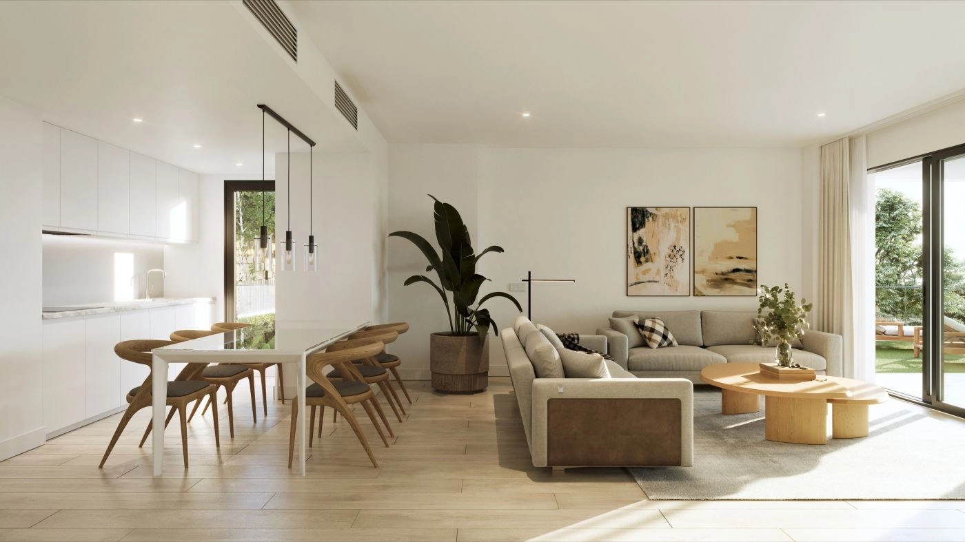 Åbne stue- og spiseområder, der ubesværet flyder ud til det fri.