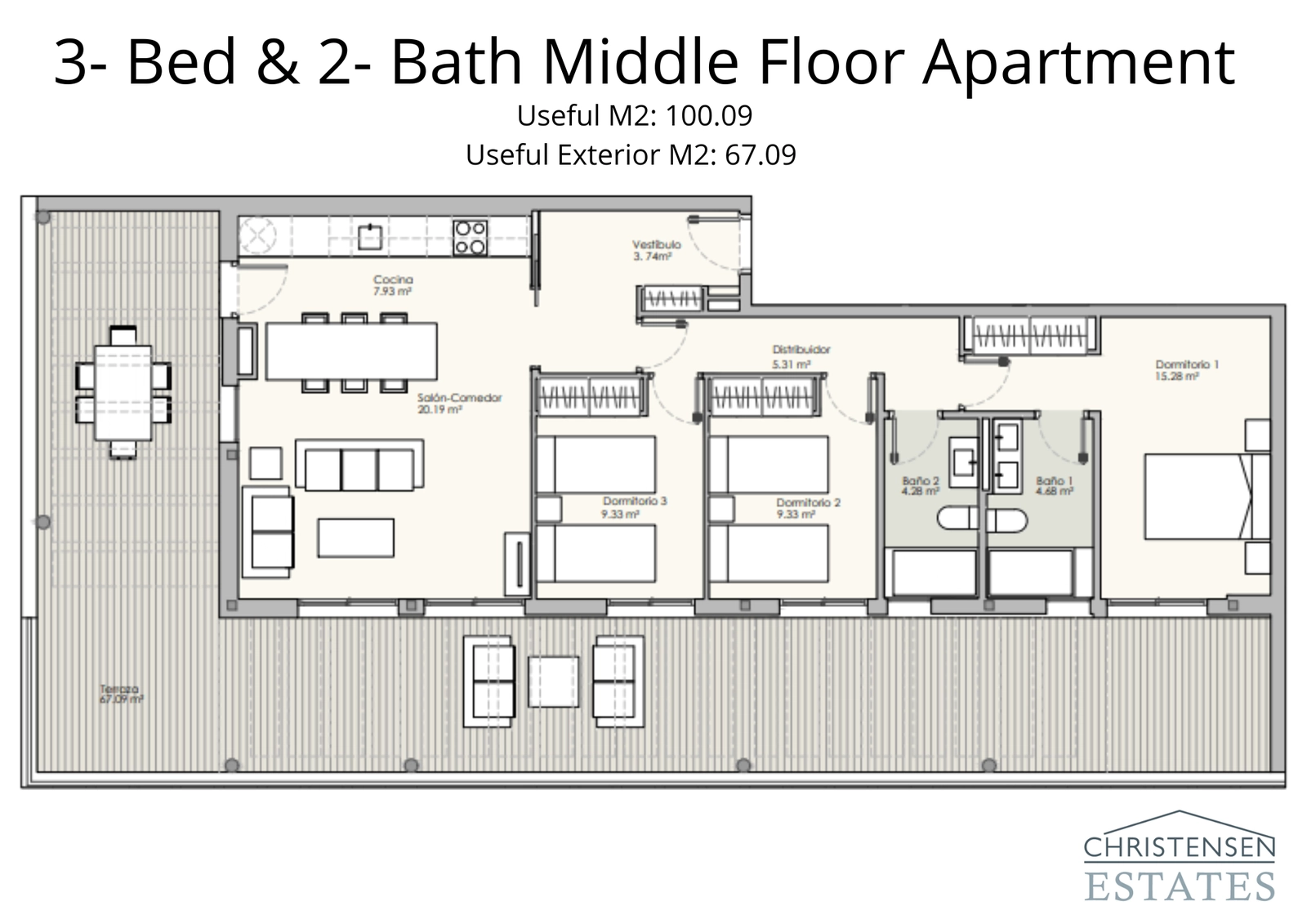 Tre-værelses lejlighedsplan på mellemetagen, der tilbyder store opholdsrum og en storslået terrasse med fantastisk udsigt.