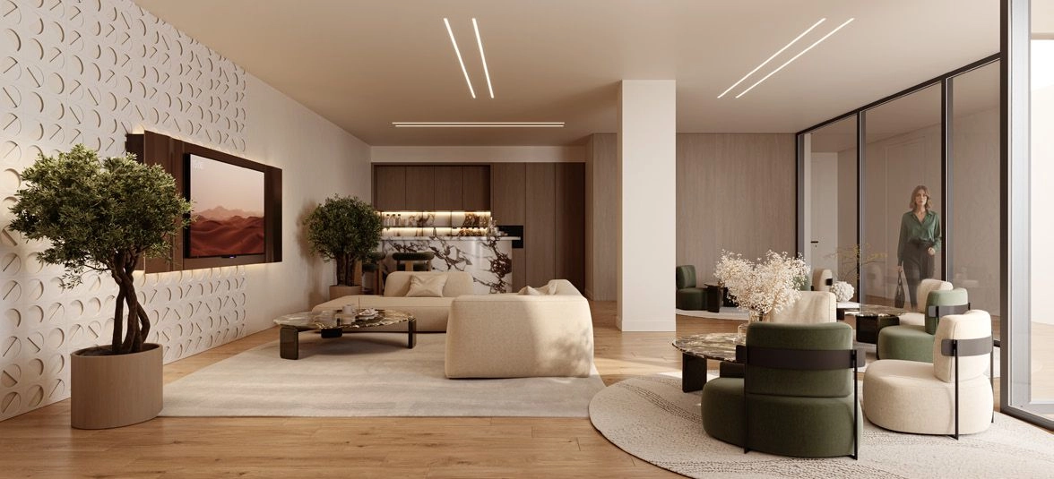 En alsidig beboerlounge tilbyder et behageligt rum til arbejde, møder eller socialt samvær.