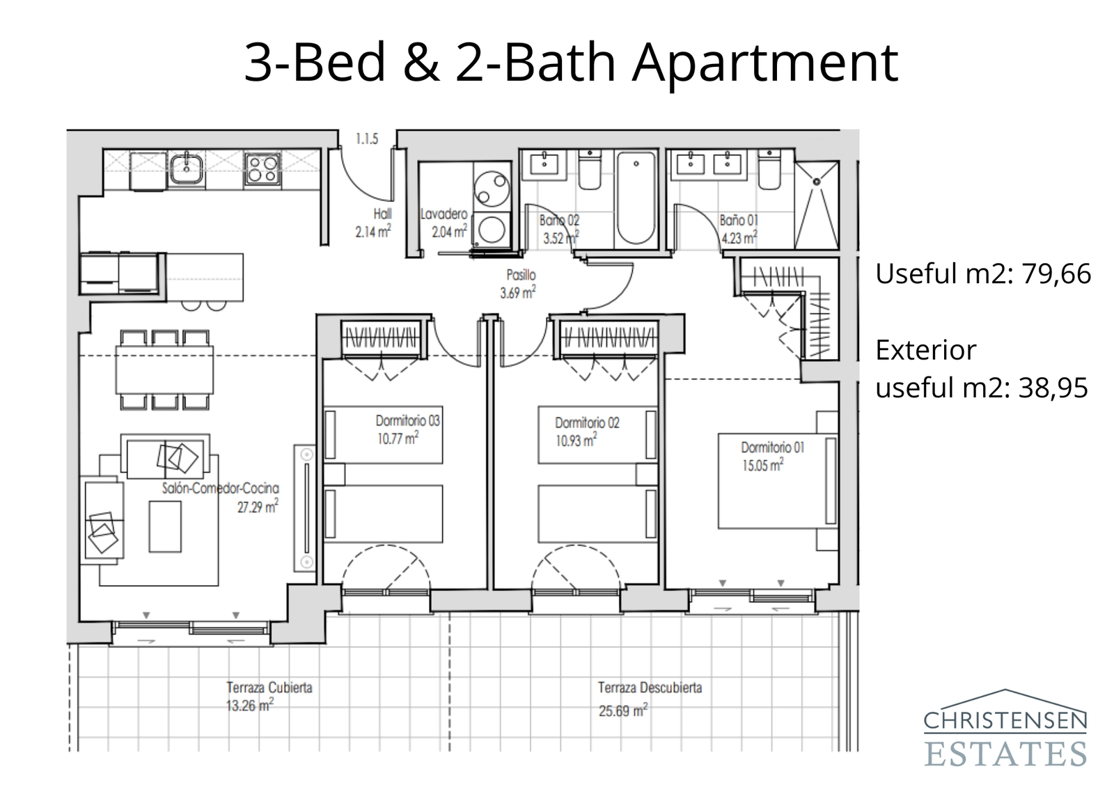 Den rummelige treværelses lejlighedsindretning giver rigelig plads til familier med et stort åbent stueområde og en ekspansiv terrasse til udendørs nydelse.