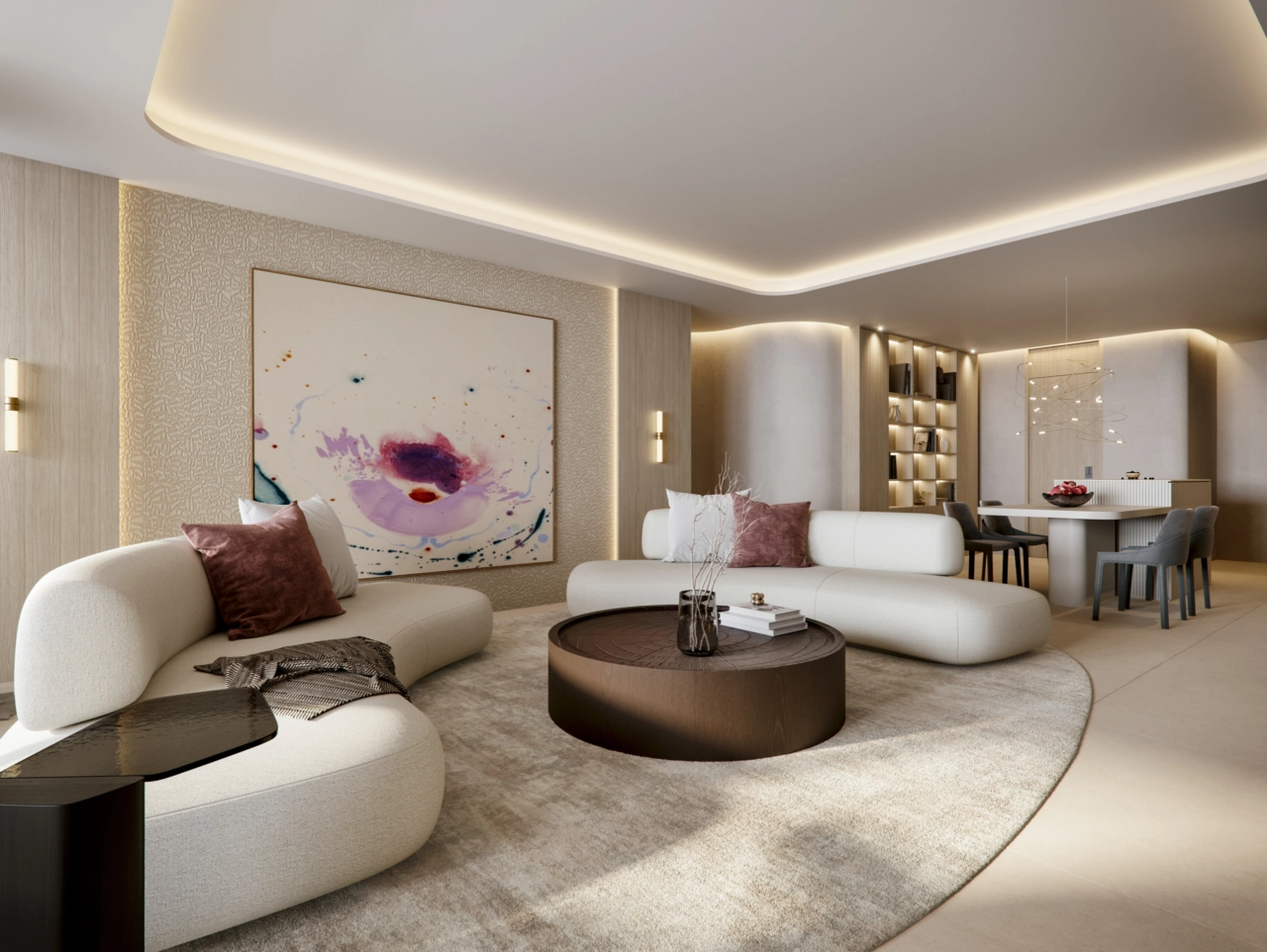 En indbydende og rolig stue, indrettet med bløde teksturer og en neutral farvepalet for ultimativ komfort.