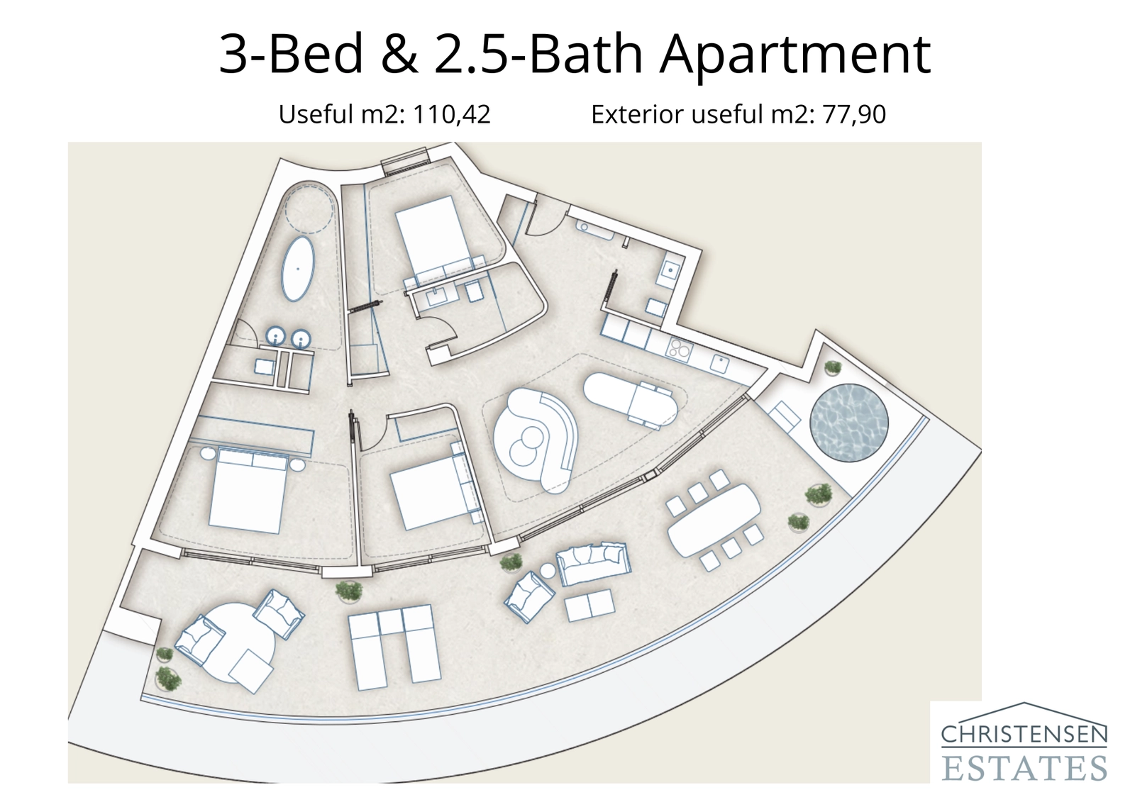 Denne rummelige plantegning med tre soveværelser har en stor, omkransende terrasse, der problemfrit integrerer inde- og udelivsrum.