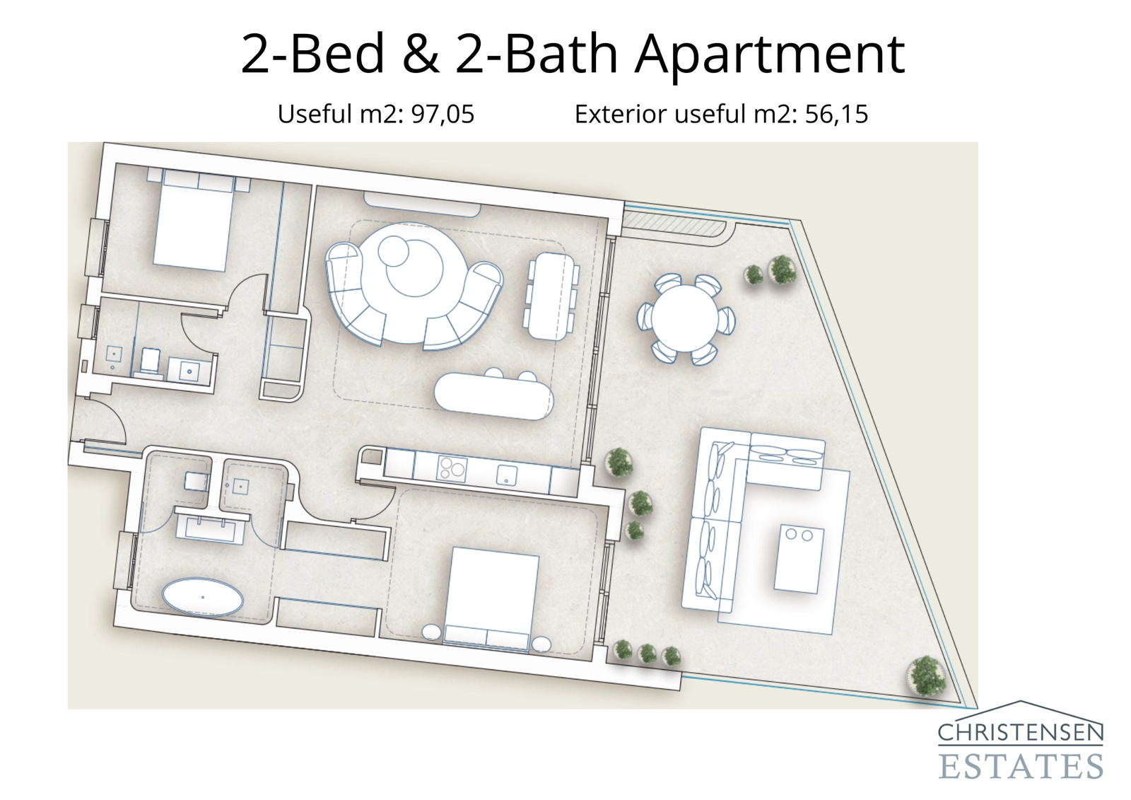 En effektivt designet toværelses indretning med et åbent opholdsområde, der strækker sig ud til en generøs terrasse, perfekt til at nyde middelhavsklimaet.