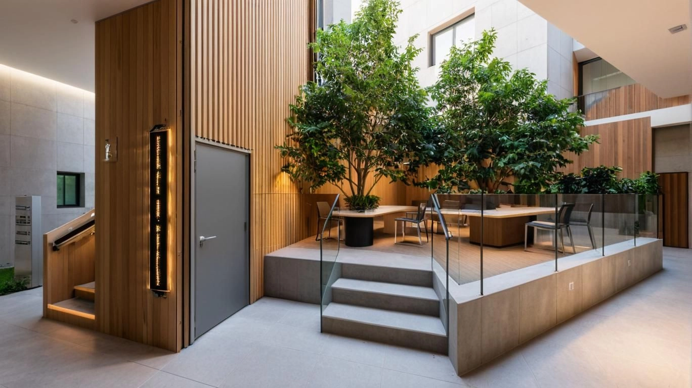 Et innovativt udendørs co-working-område, hvor naturligt lys, frisk luft og moderne design forbedrer produktivitet og velvære.