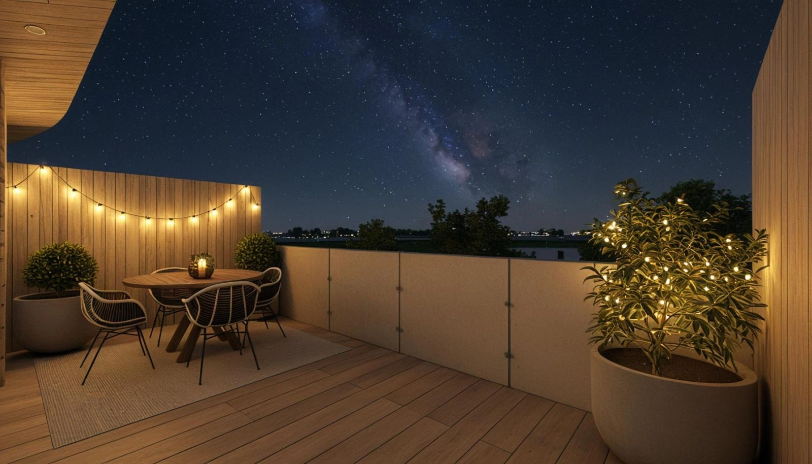 Nyd magiske aftener på din private terrasse, en ideel ramme for stille eftertænksomhed eller underholdning under stjernerne.