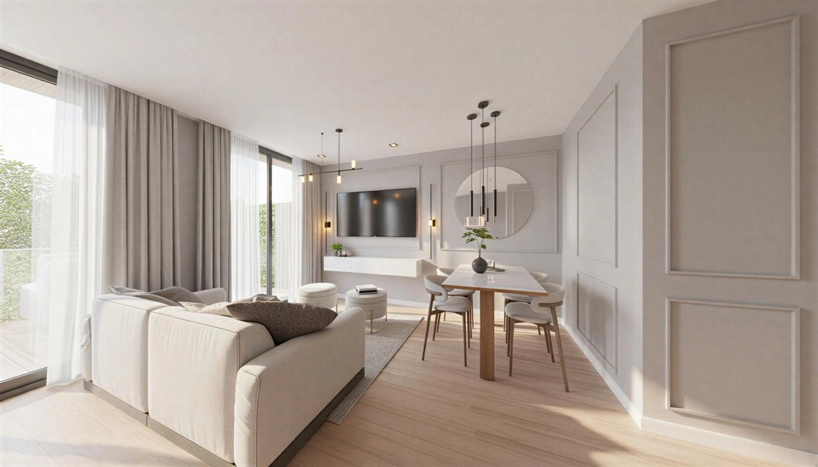 En lys og indbydende stue, omhyggeligt designet med moderne stil og unikke detaljer for en varm, sofistikeret atmosfære.