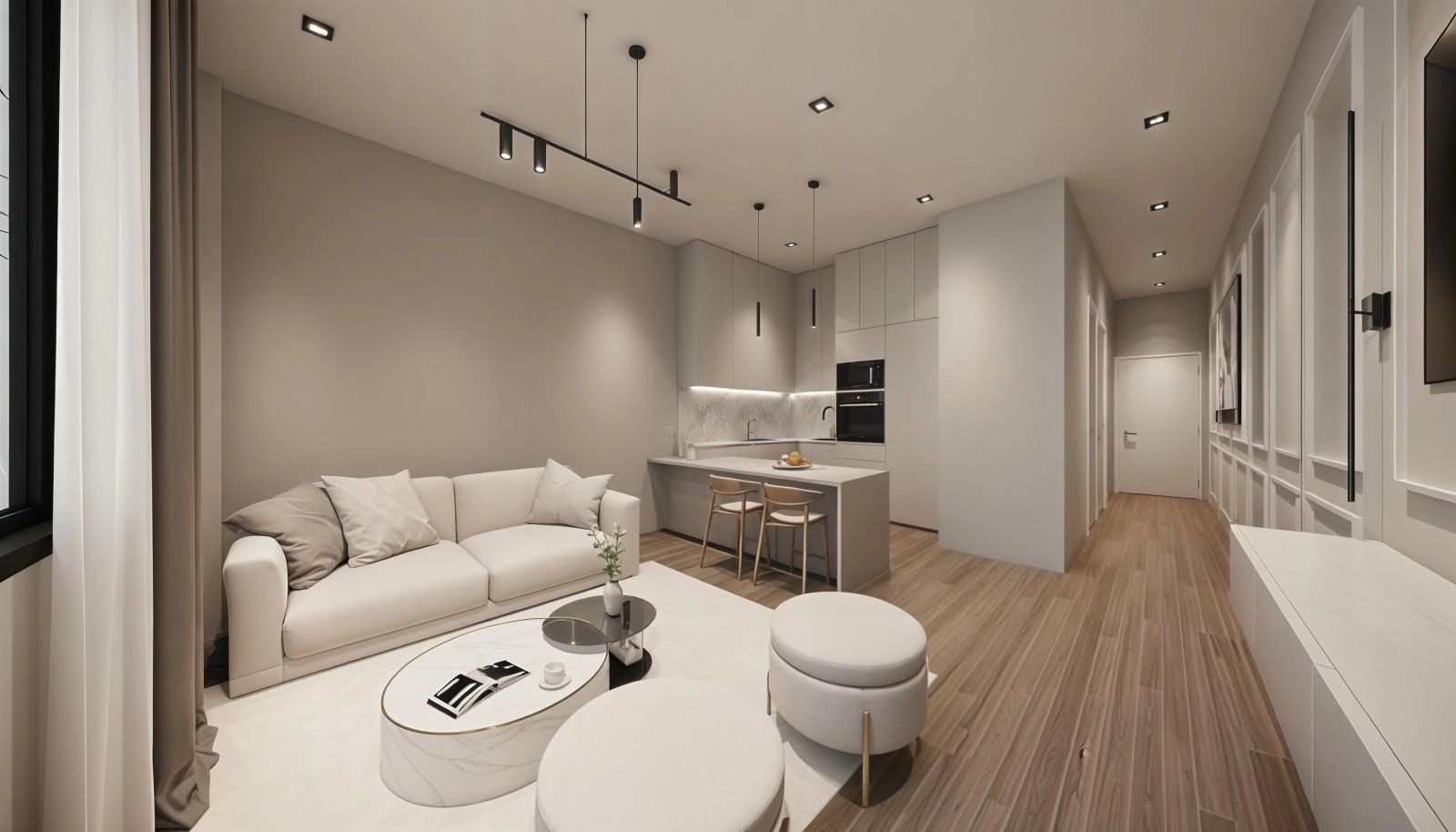 Et moderne køkken designet til både stil og praktik, med high-end hvidevarer og en smart, effektiv indretning.
