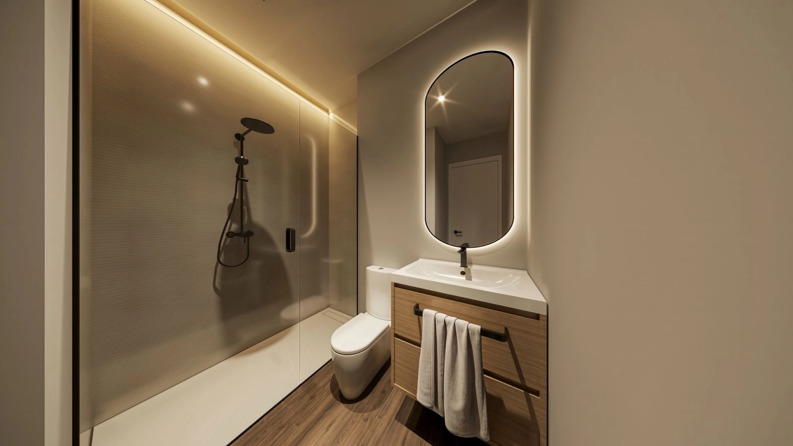 Oplev den perfekte balance mellem design og funktion i det stilfulde badeværelse med high-end armaturer og sofistikerede porcelænsfliser.