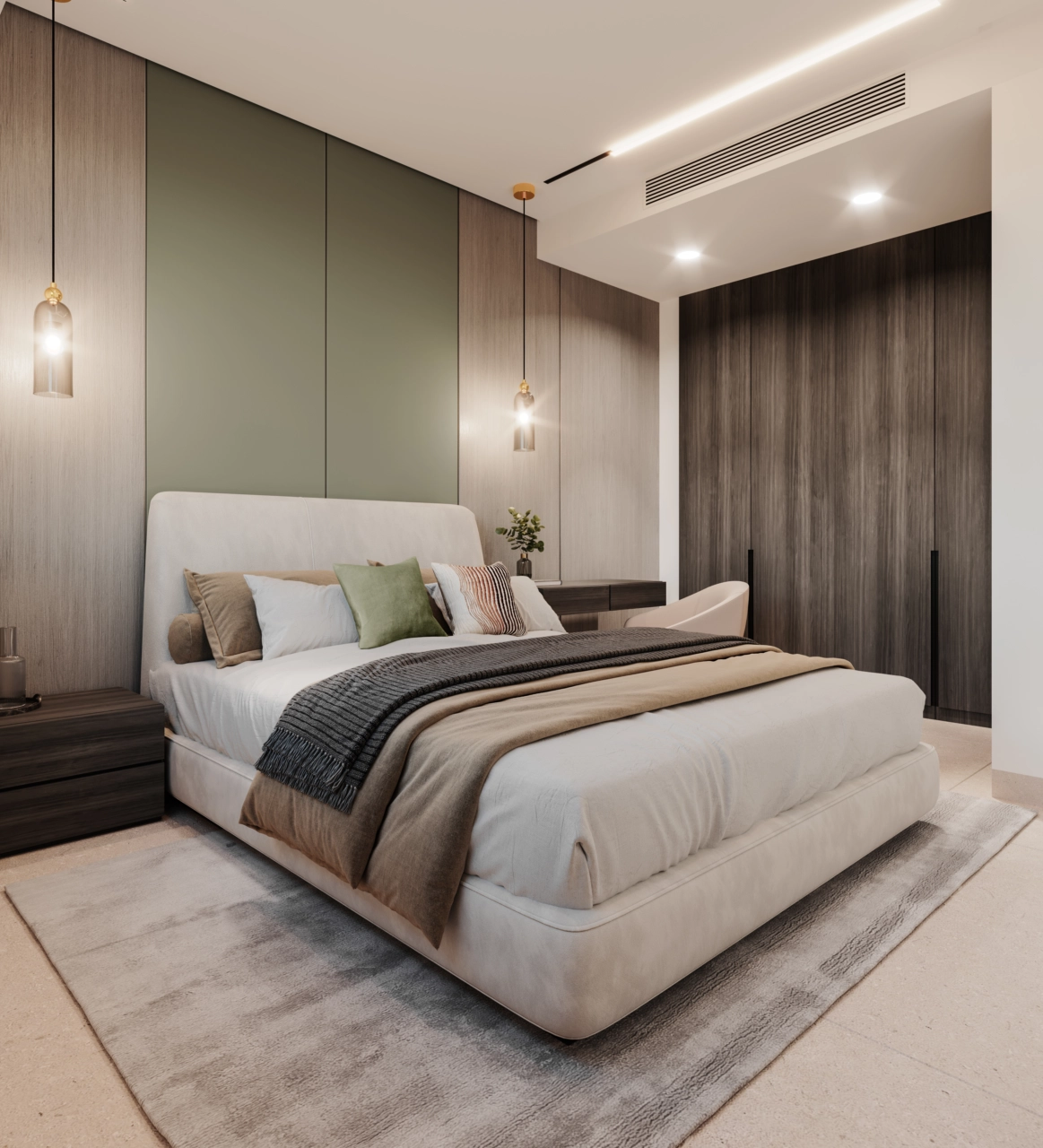 Et komfortabelt og stilfuldt gæstesoveværelse, designet med varme materialer og rigelig opbevaringsplads.