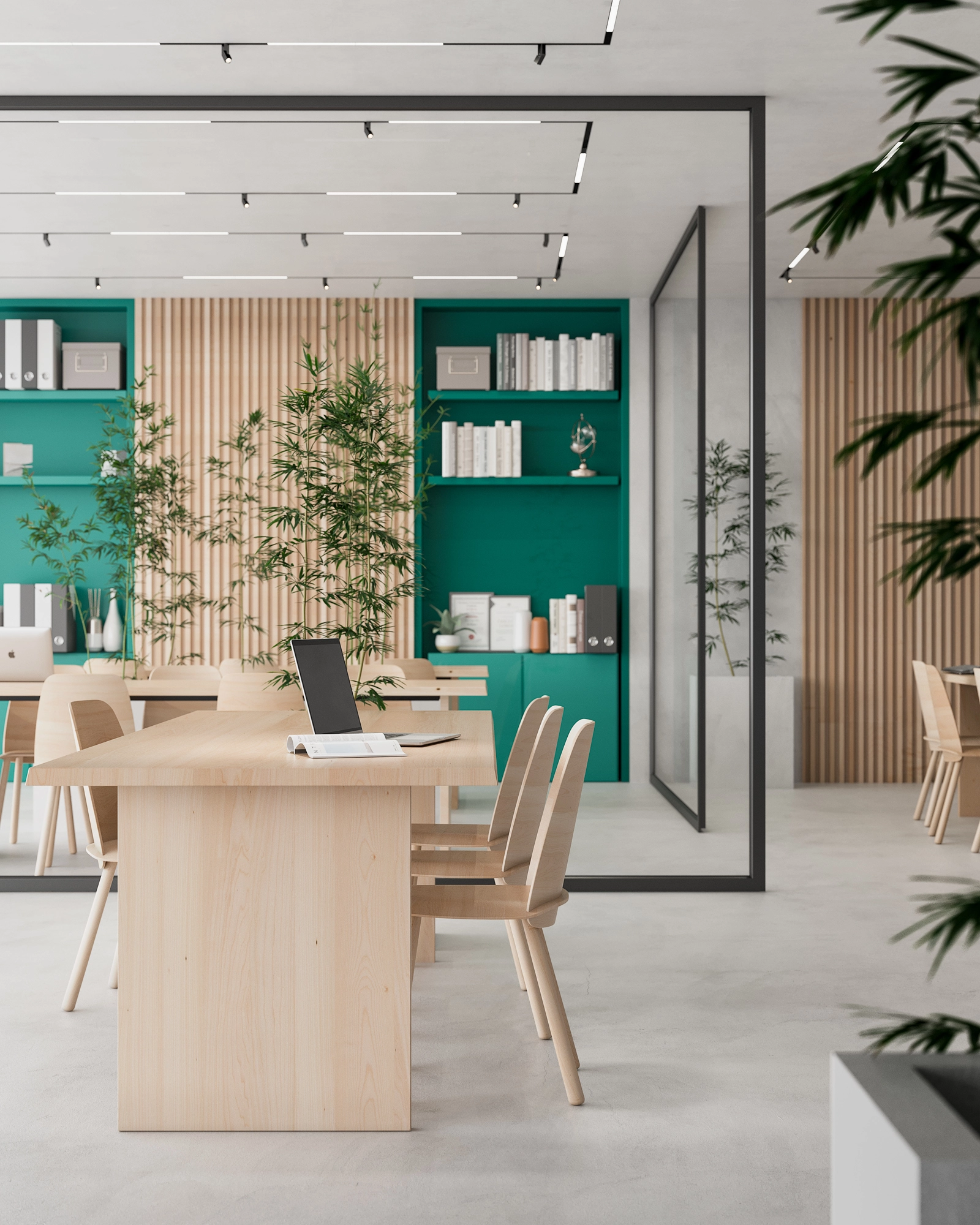 Et stilfuldt og roligt co-working space designet til produktivitet, der tilbyder et behageligt miljø for beboerne.