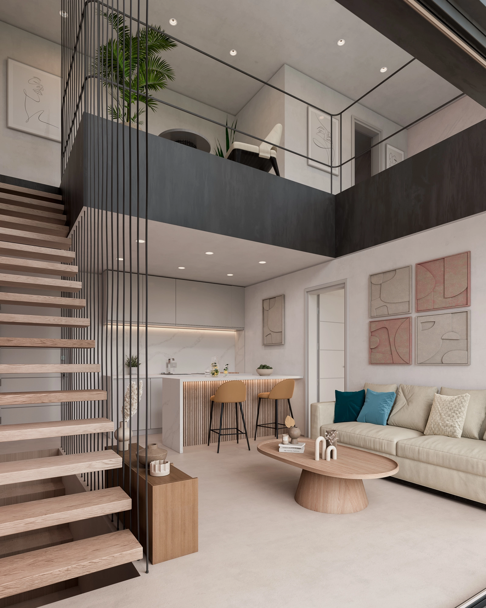 Det åbne opholdsområde kombinerer moderne design med en varm, indbydende atmosfære, perfekt til afslapning eller underholdning.